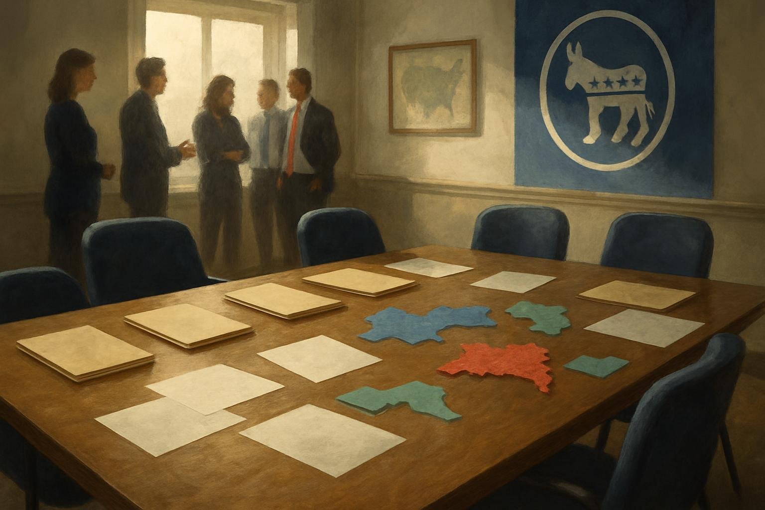 Anonymou  political advi er  plan in a  unlit room, with blank paper  and ab tract di trict map   pread acro  a table.