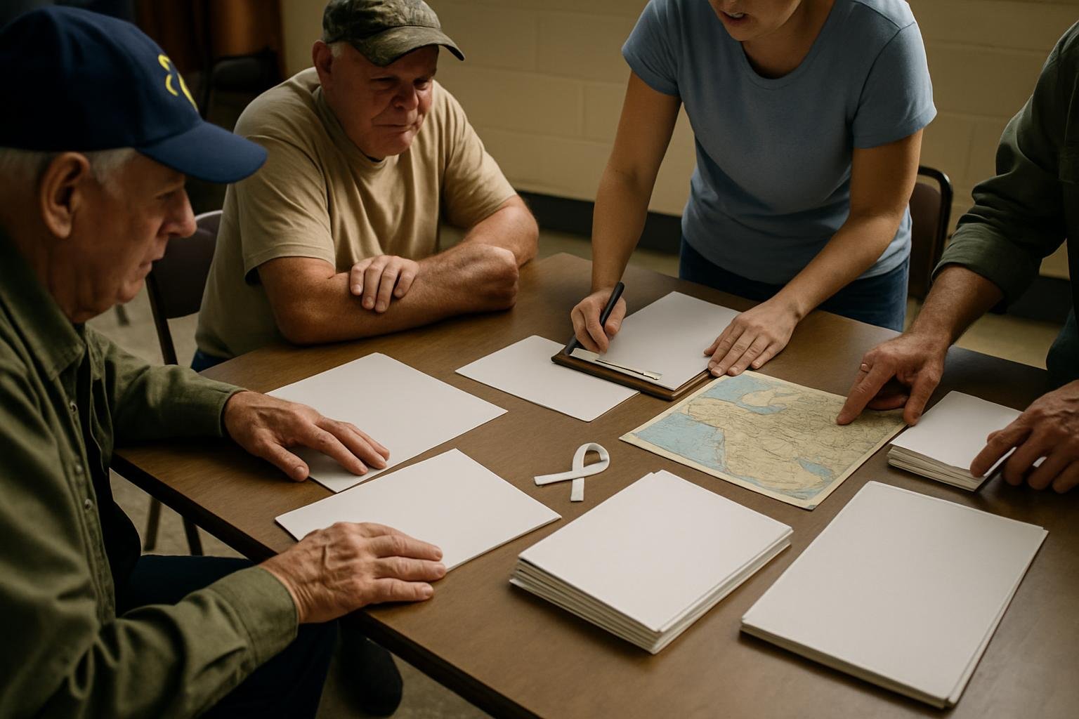 Veteran  and community volunteer  plan election outreach around a table, with a map  ugge ting concern about conflict.