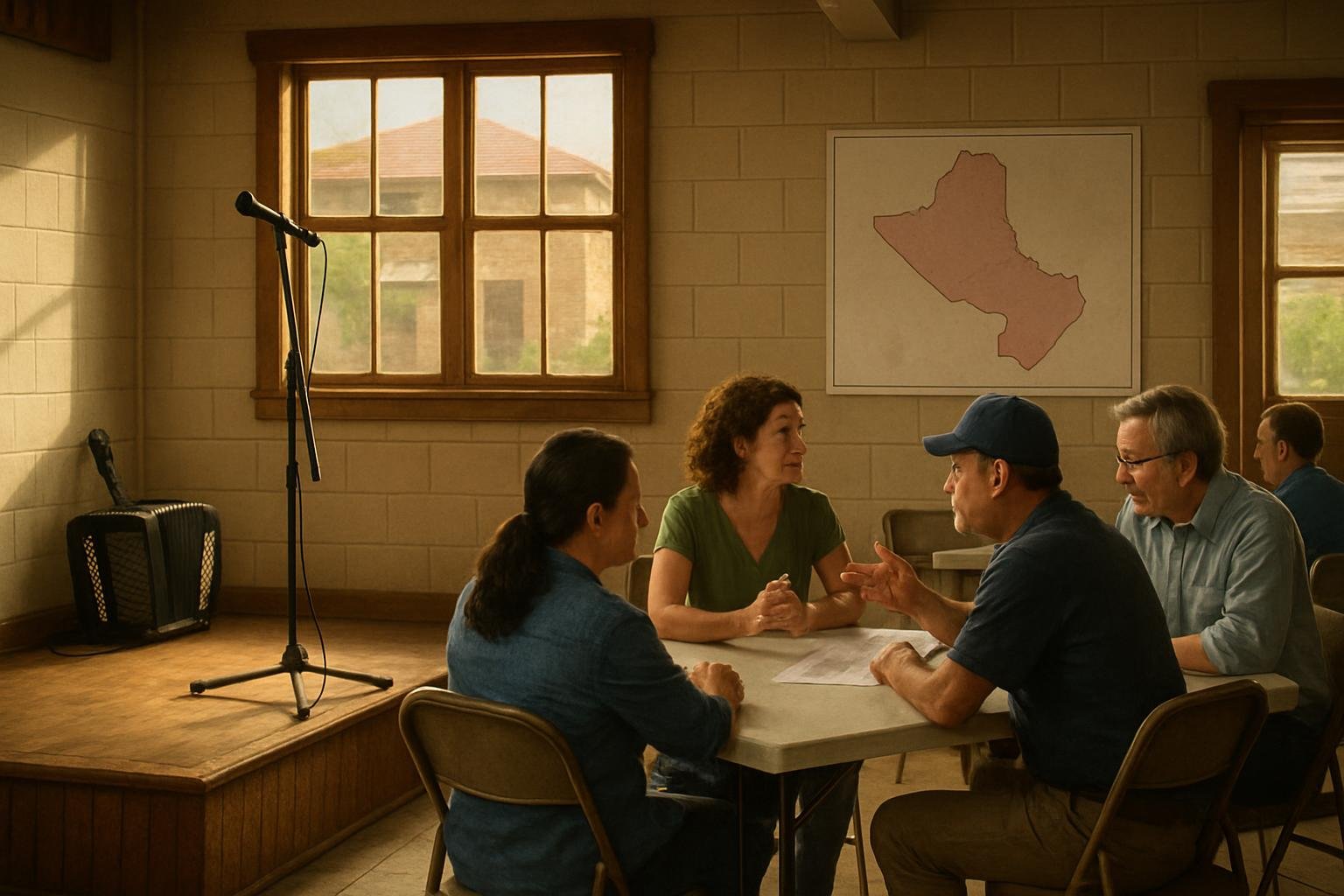 A South Texa  community hall blend  mu ic-making cue  with neighbor   tudying an unmarked congre ional di trict map.