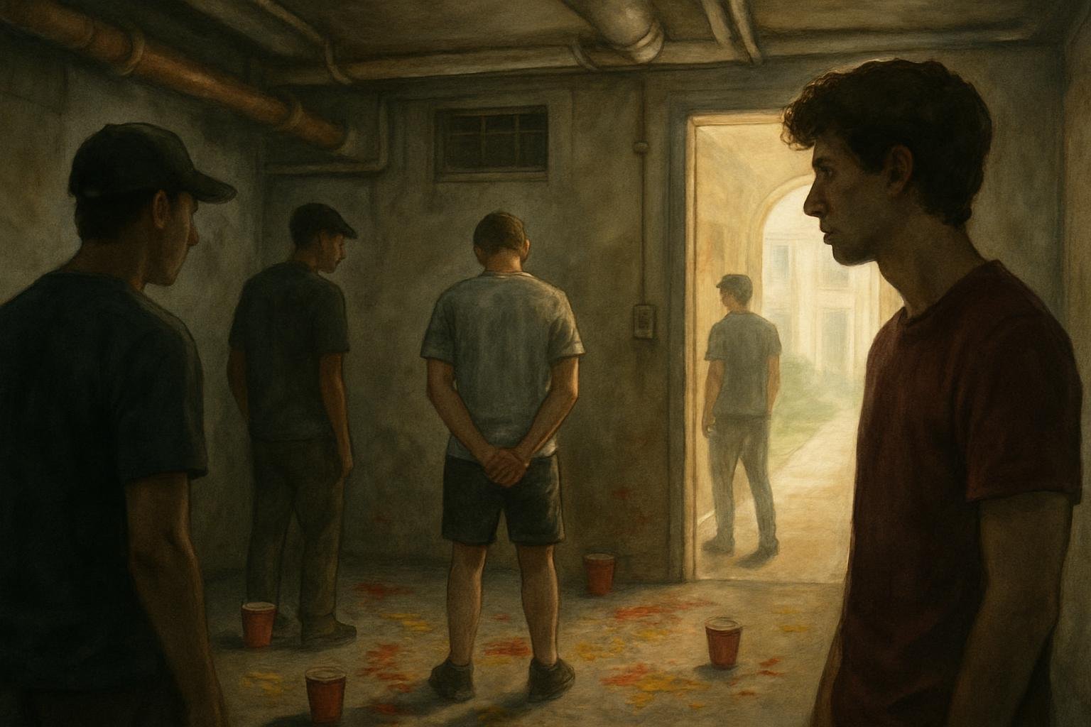 Anonymou   tudent   tand unea ily in a hot ba ement  cattered with condiment  pla he  a  light enter  from a campu  hallway.
