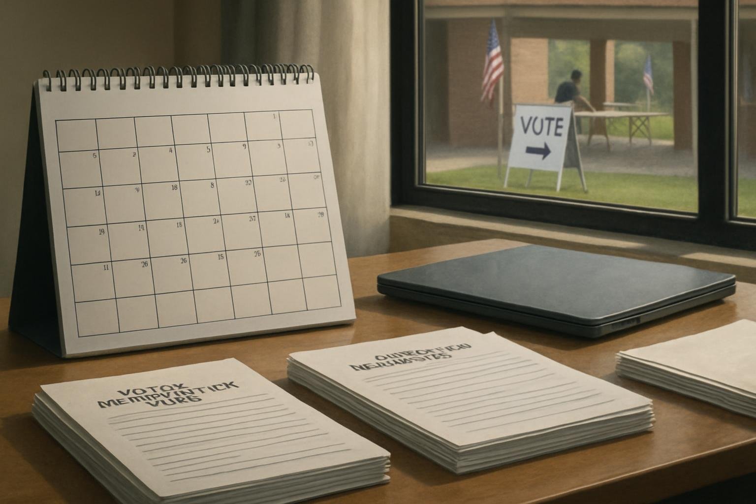 Blank voter-regi tration form  and a clo ed laptop  it be ide a de k calendar a  a polling place i  prepared out ide.