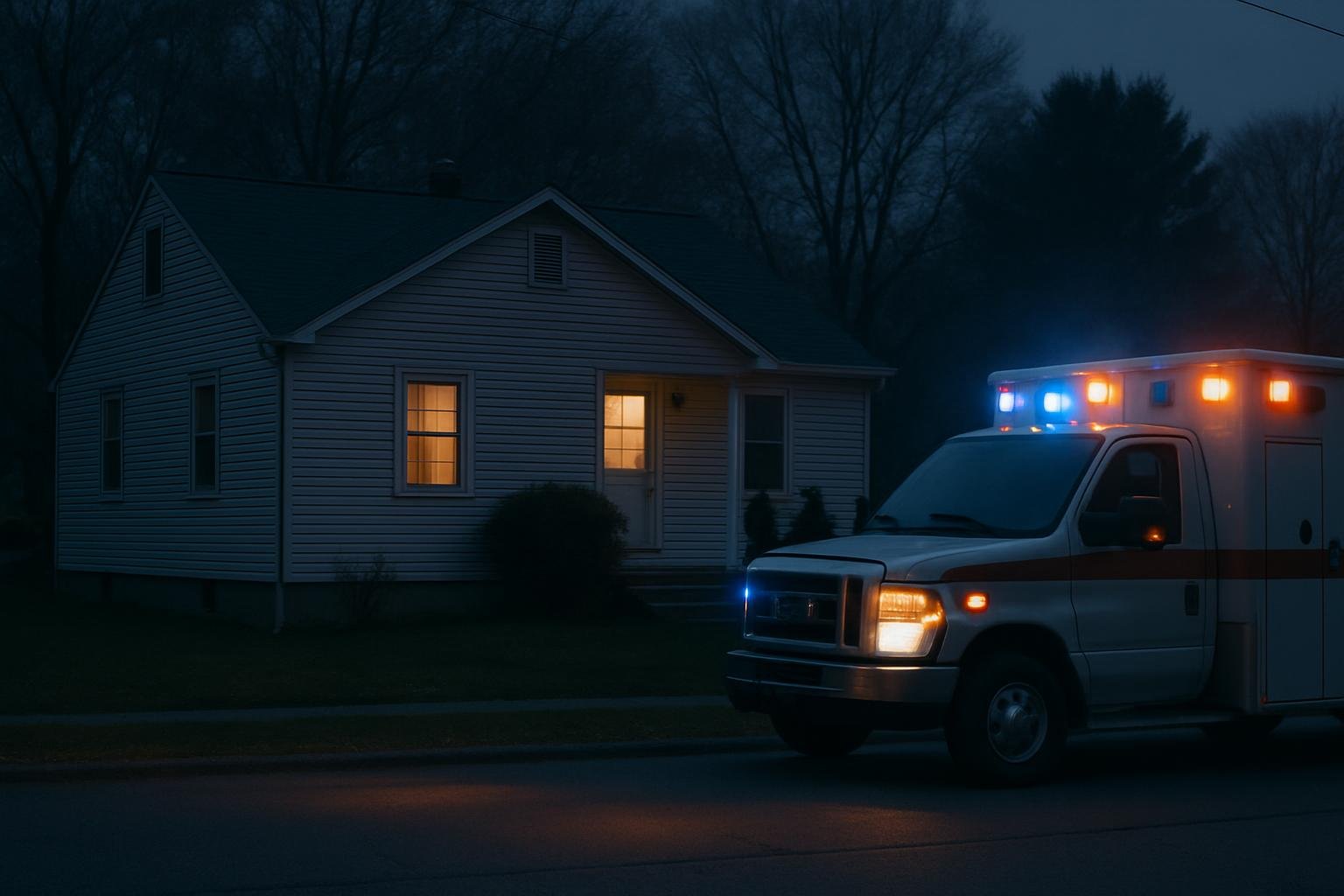 A quiet home at du k with an ambulance and di tant re ponder  out ide, reflecting a  eriou  emergency.
