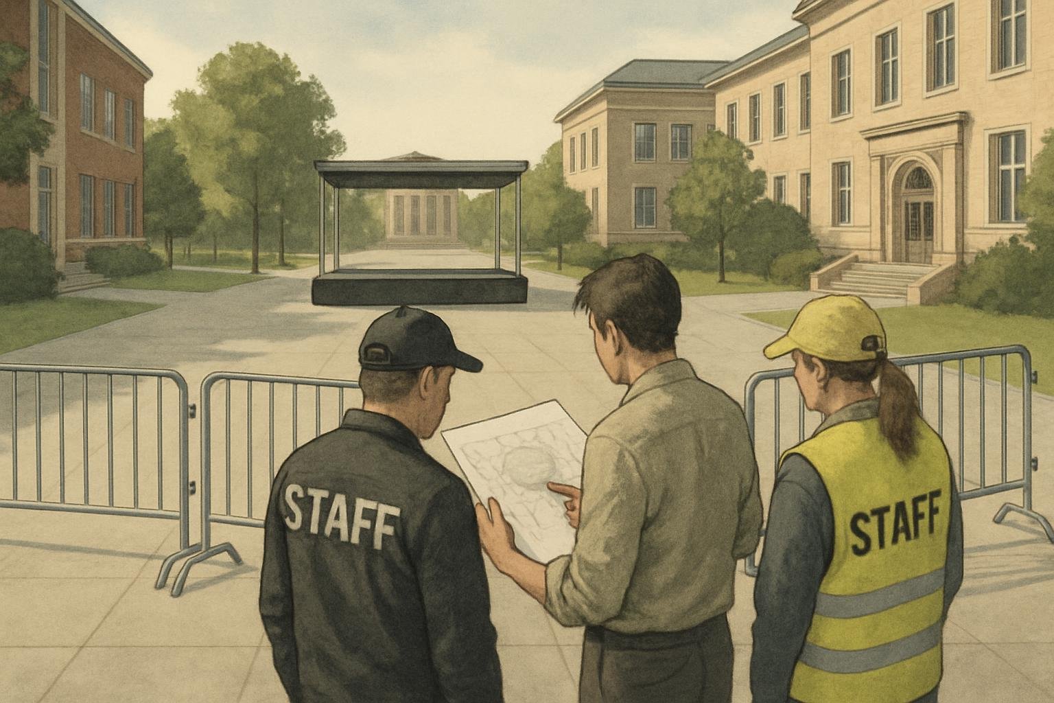 Campu   taff confer over a  ite plan be ide an event plaza with a  tage and portable barrier .
