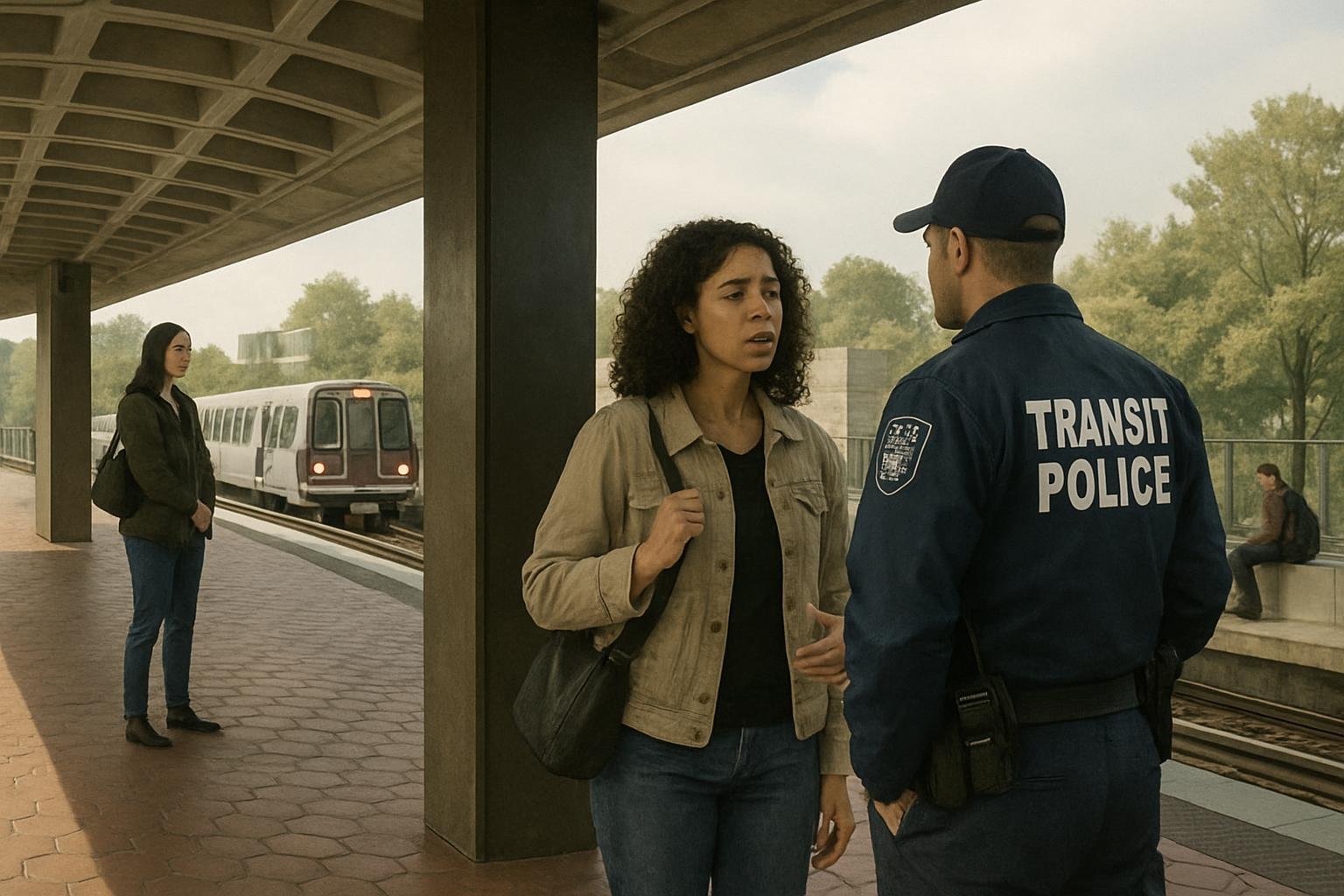 Pa enger  and a tran it officer  tand on a Metro platform a  a train arrive .