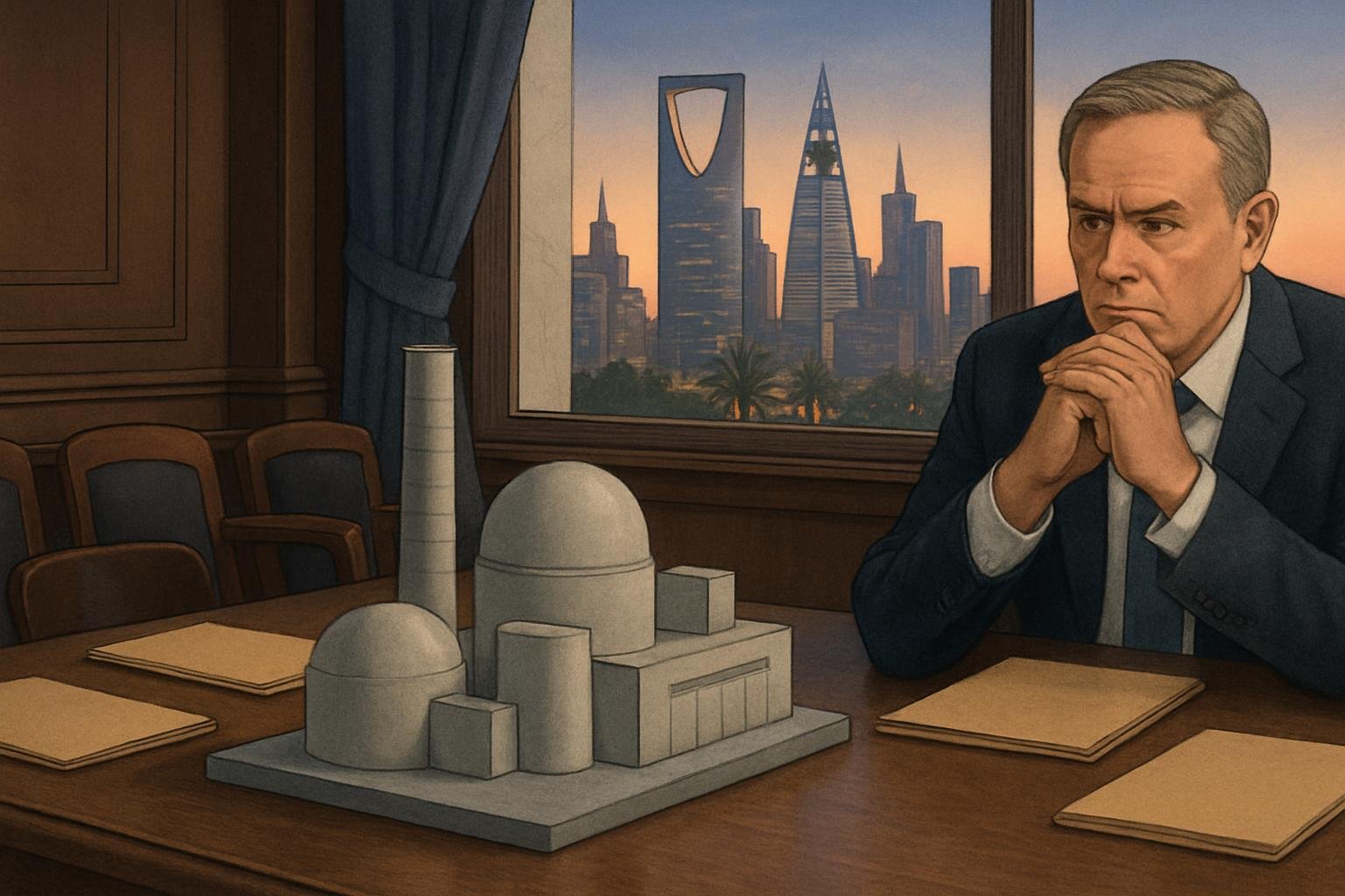 Unmarked nuclear cooperation briefing material   it on a congre ional table overlooking a modern Riyadh  kyline.