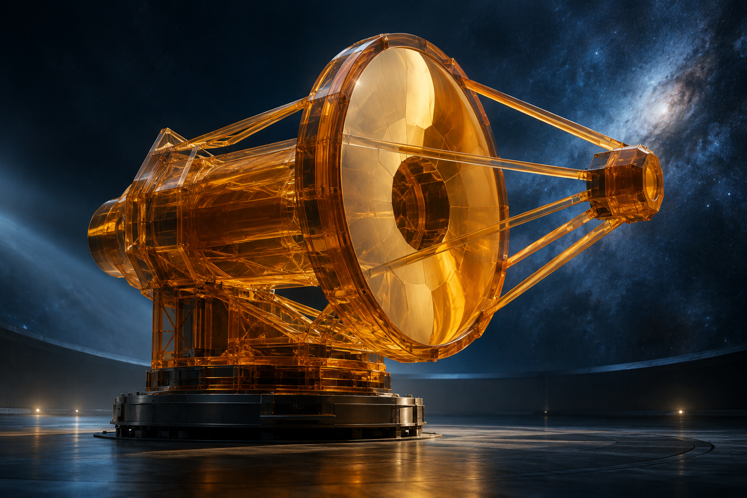 Conceptual illustration of a monolithic, amber-colored glass telescope component designed for a space mission.