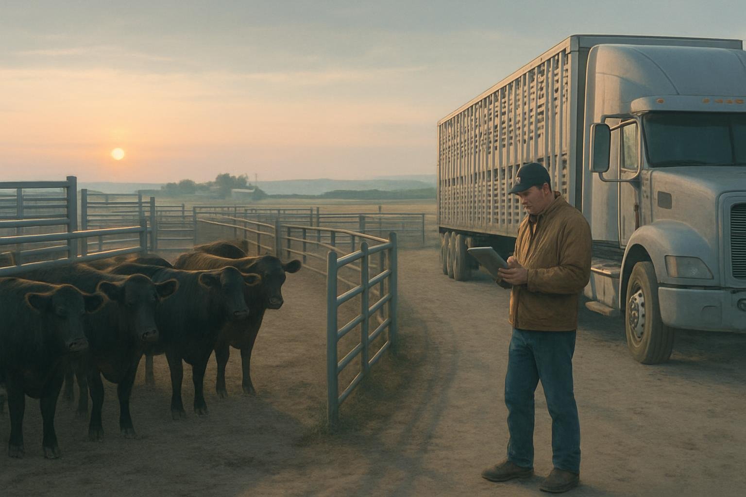 A ranch worker check  a clipboard be ide waiting cattle and an idle live tock truck in a quiet farmyard.