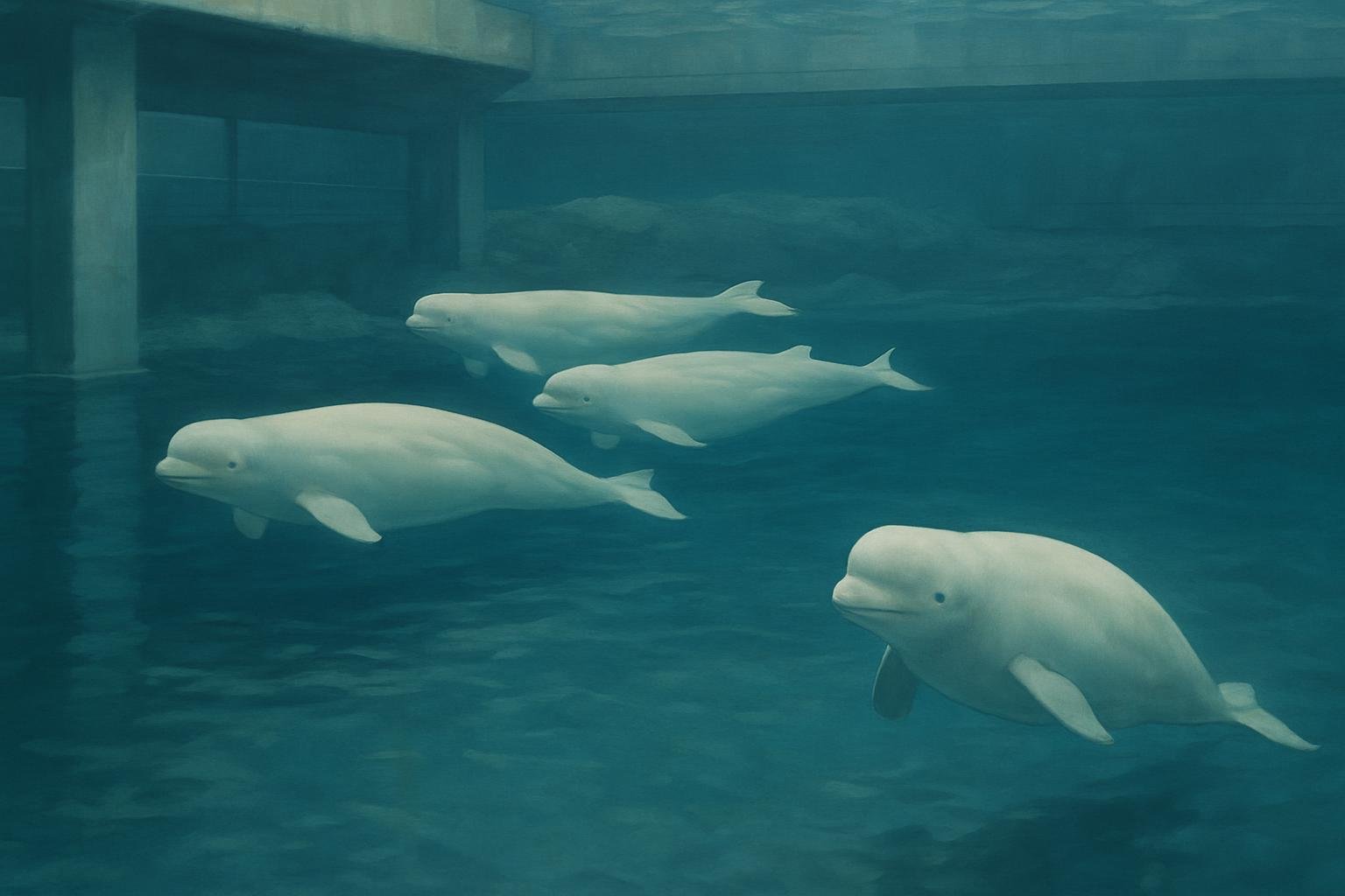 Beluga   wim through a  paciou  aquarium habitat, with one whale trailing the group.