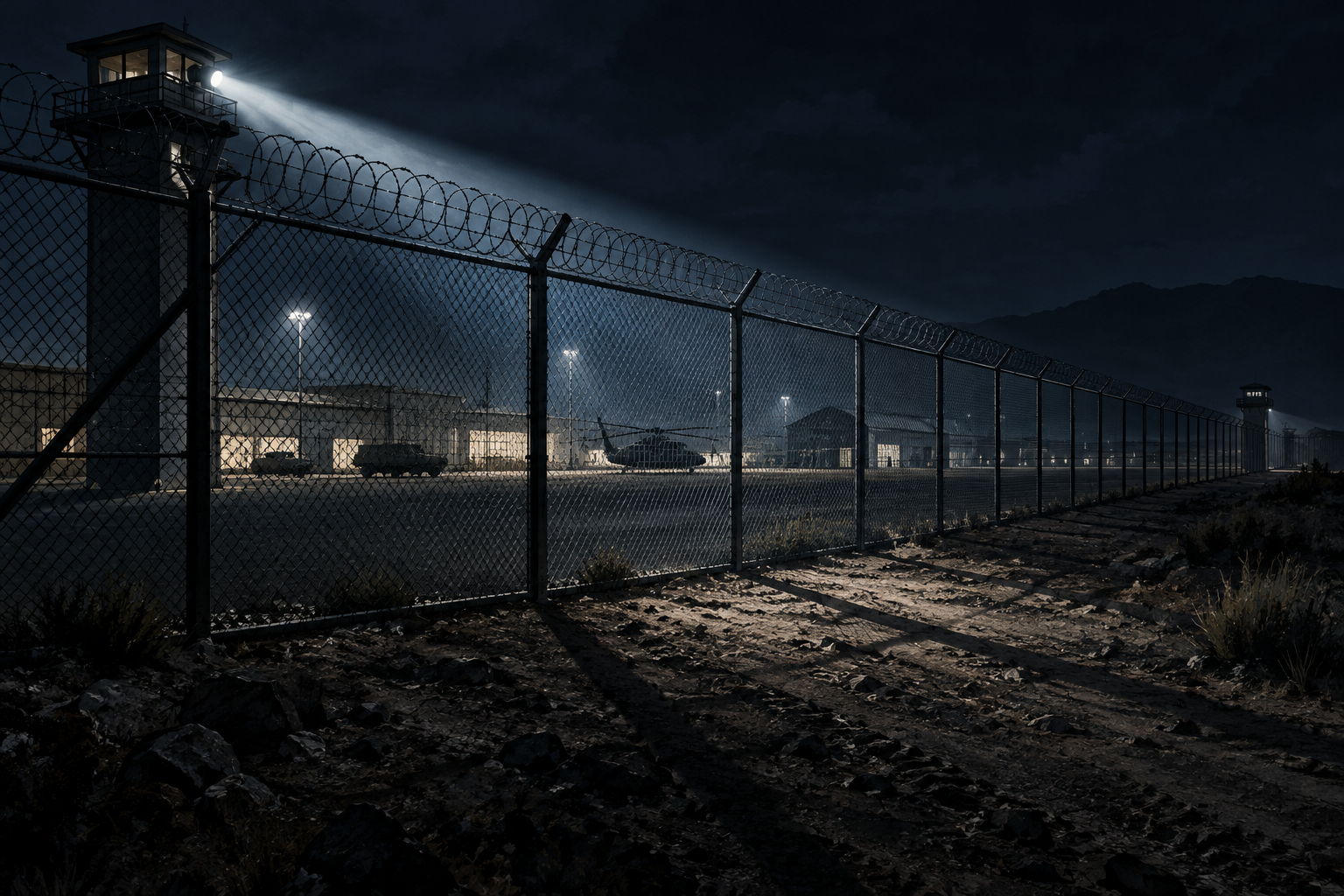Editorial illustration of a stark perimeter fence at a secure military installation under focused security lighting at night.