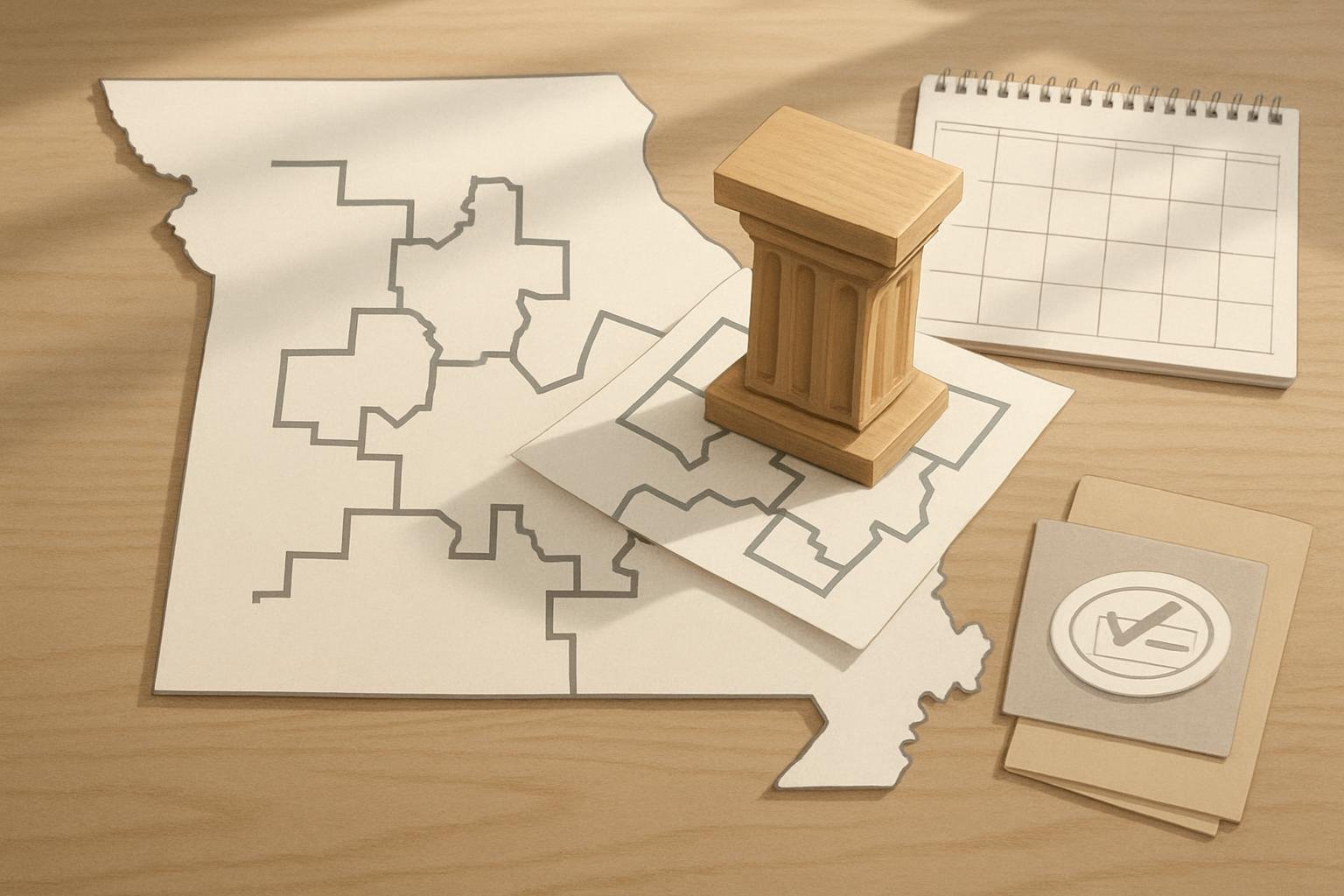 An unmarked Mi ouri di trict map i  held beneath a courthou e- haped block be ide election-planning material .