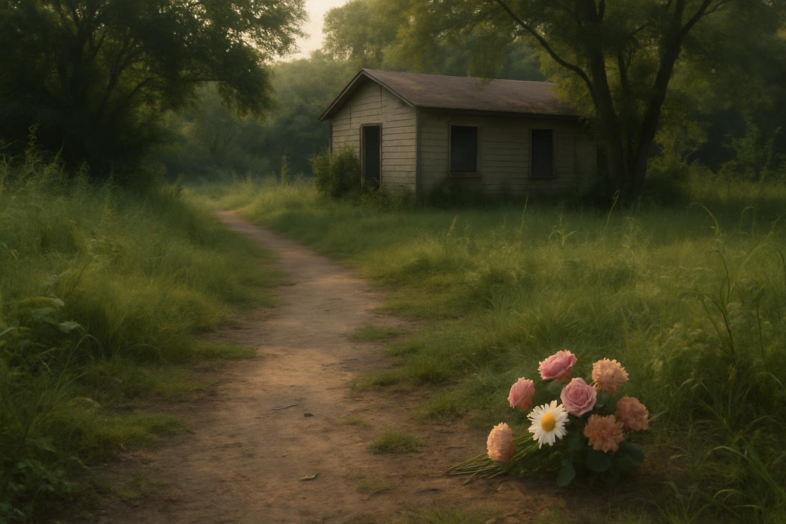 A quiet overgrown lot be ide a vacant building, with flower  in the foreground.