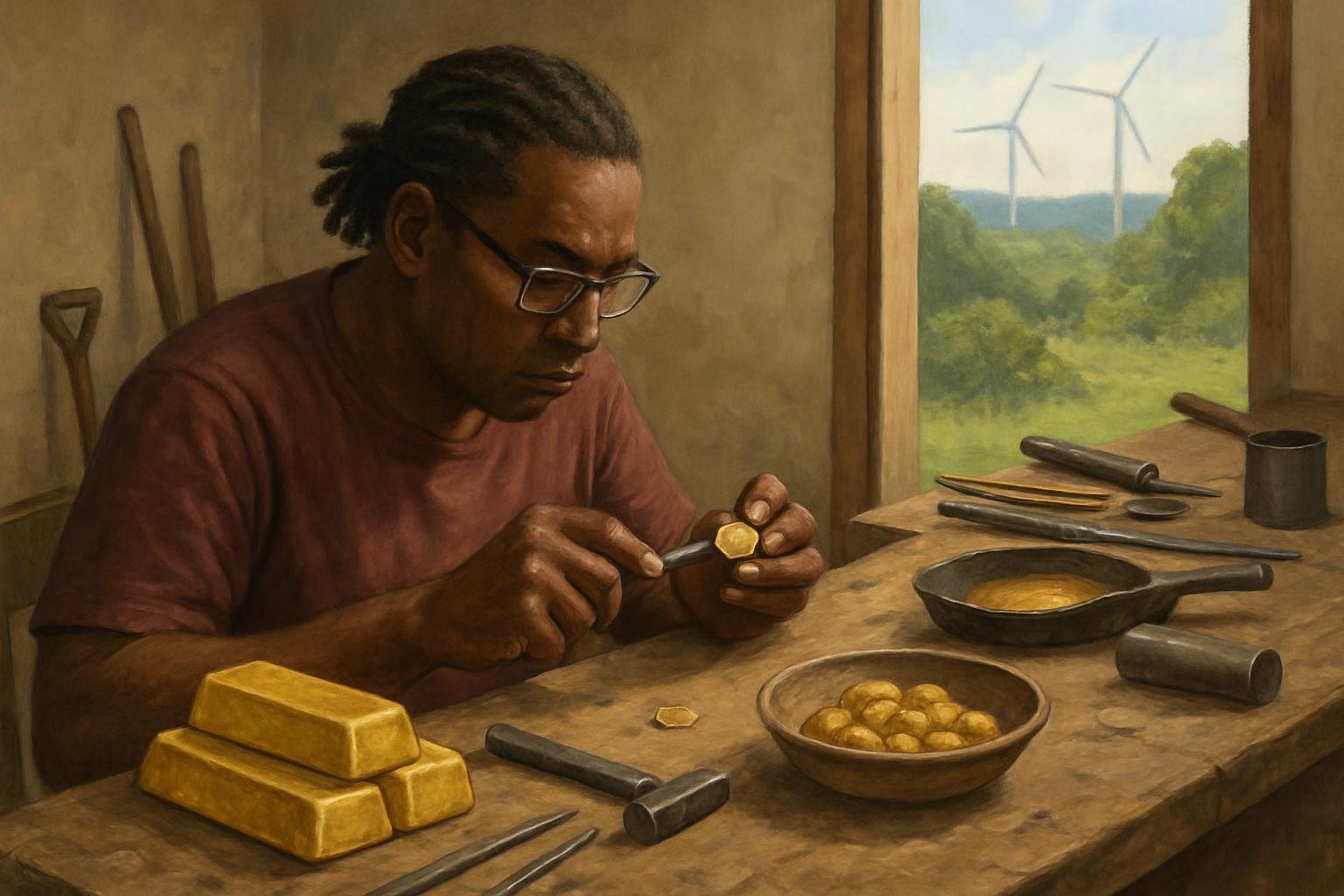 A craft per on  hape  a gold medallion in a local work hop, with refining tool  and renewable energy vi ible nearby.