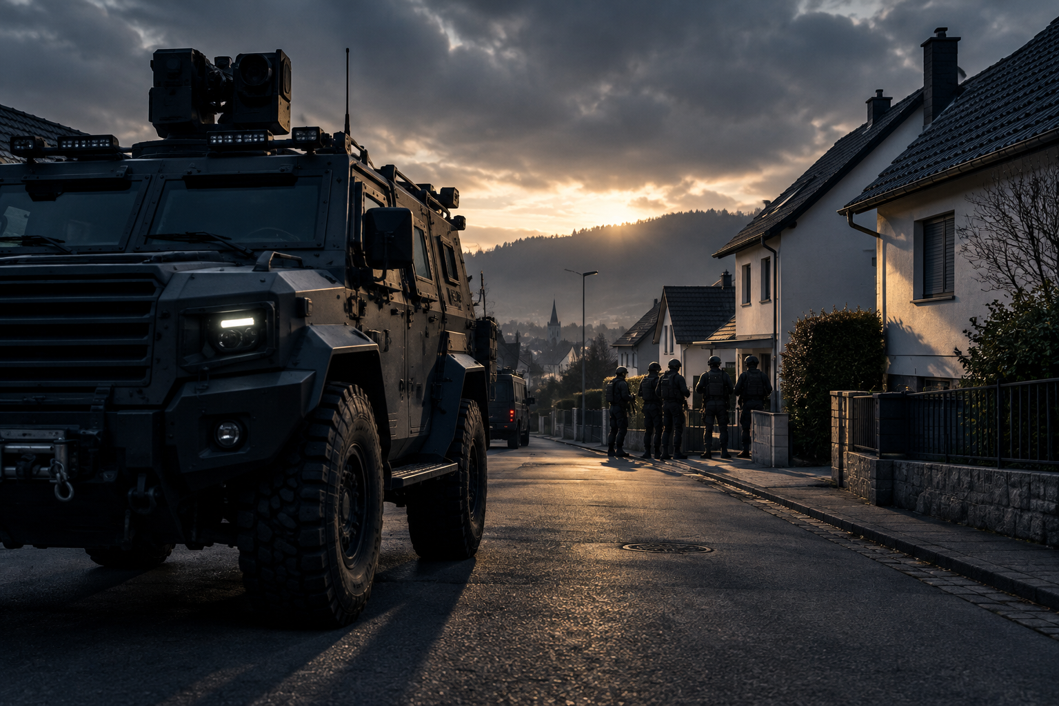Editorial illustration of a tactical vehicle and surrounding area during a high-stakes police operation in a residential setting.