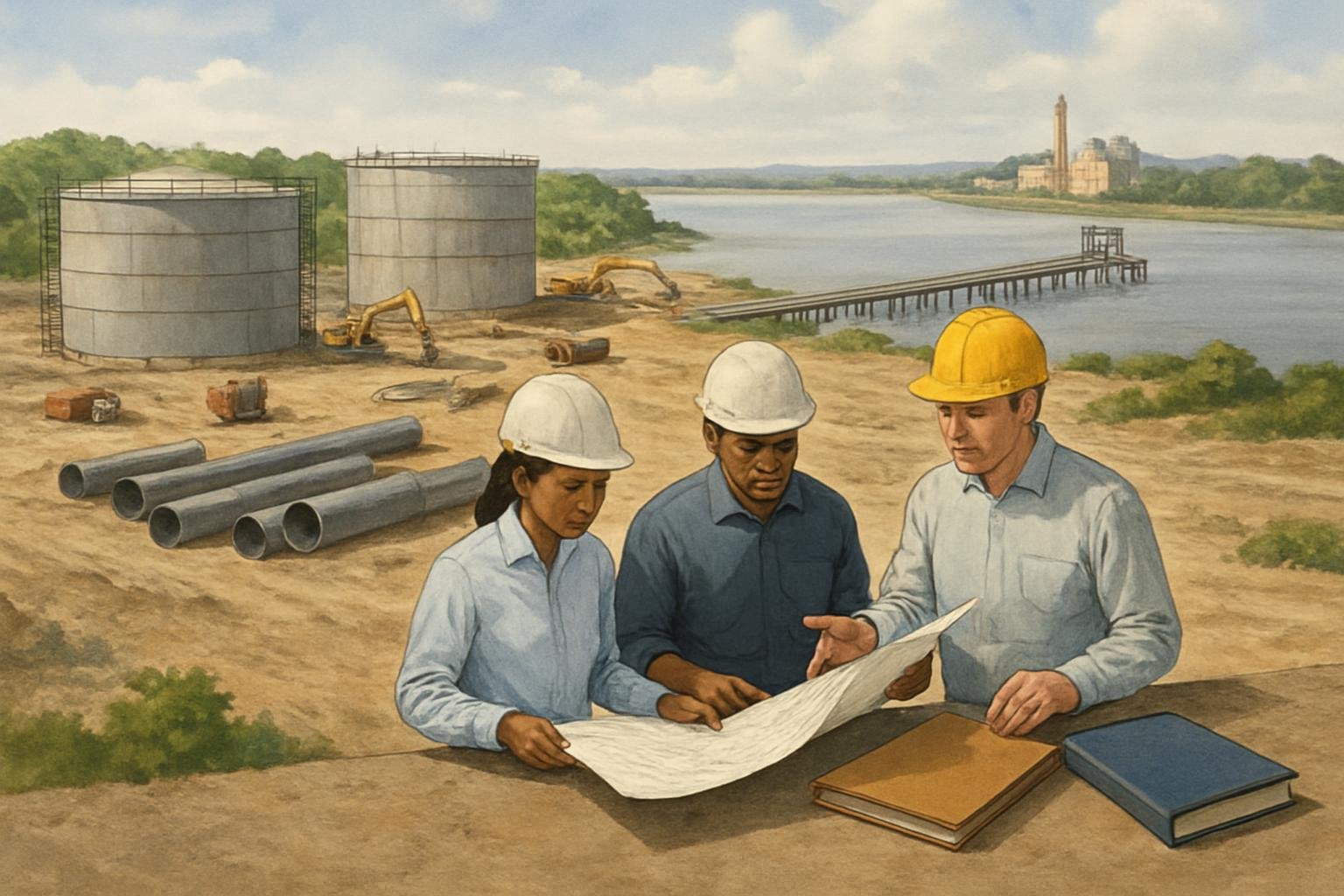 Unfini hed ga  project facilitie  and pipeline be ide a river, with engineer  reviewing tender plan  at the con truction  ite.
