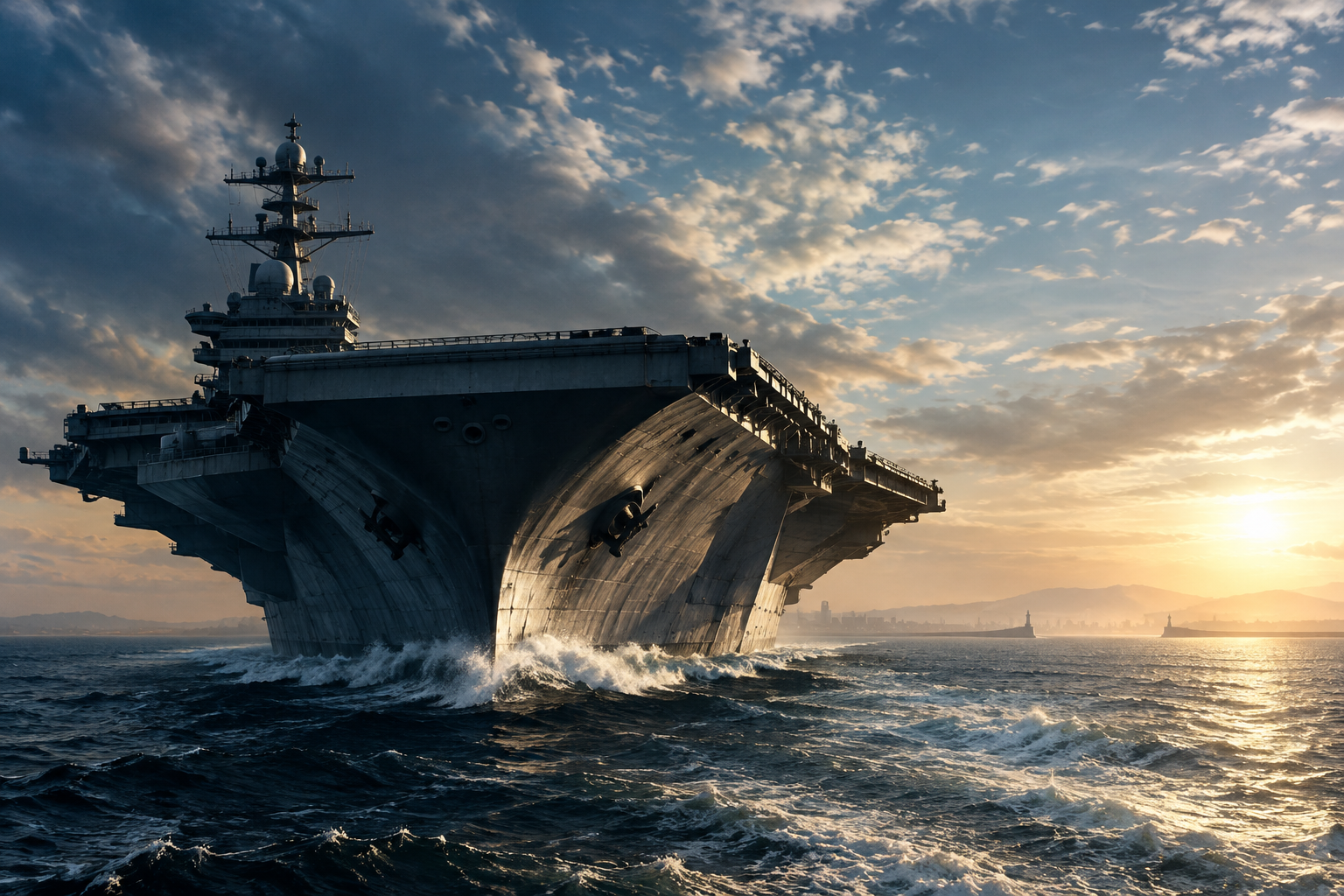 A large, powerful naval carrier moving towards a distant harbor entrance under a dramatic sky.