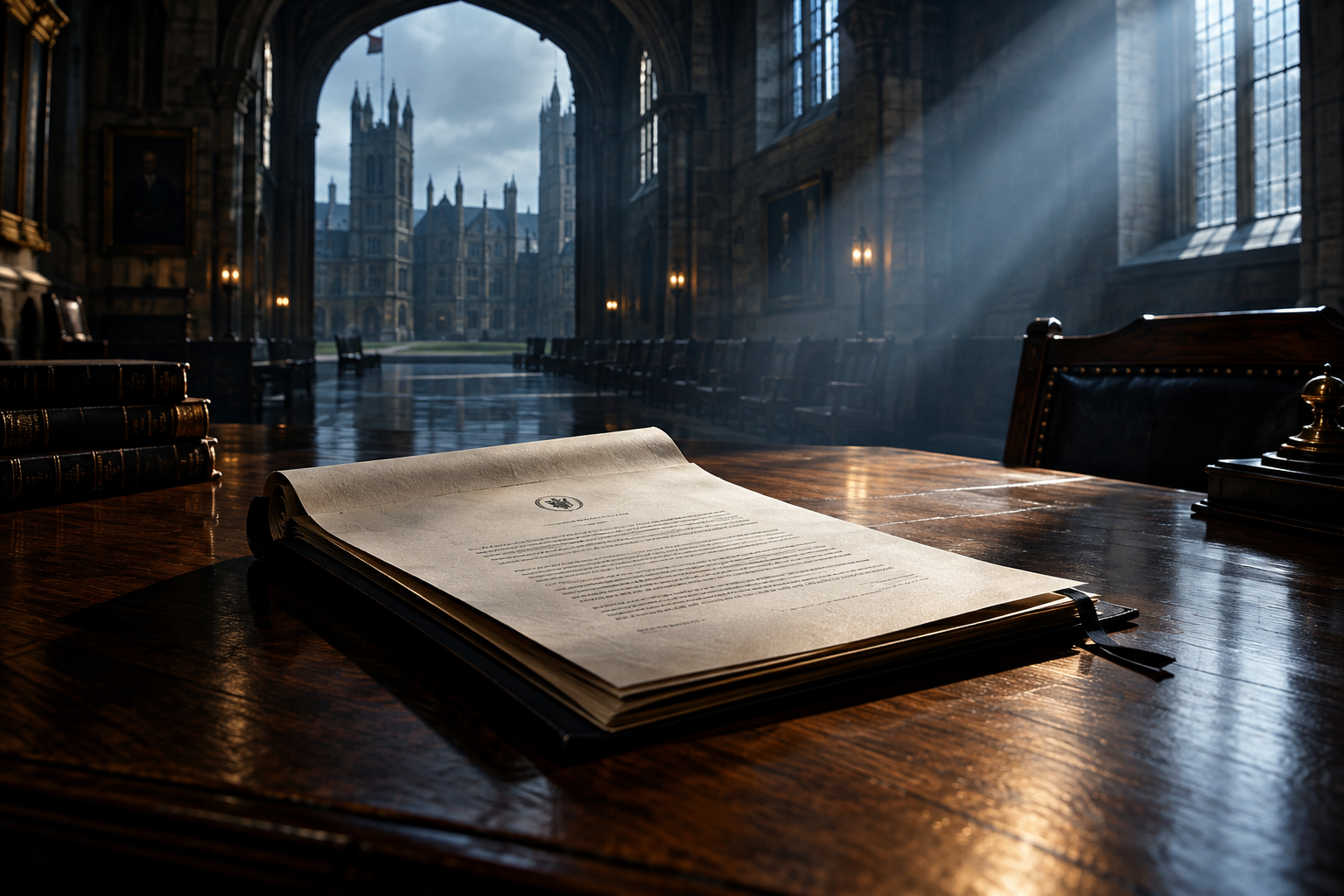 A conceptual illustration of a formal investigation into academic institutions, featuring a document on a desk within a grand, shadowed university setting.