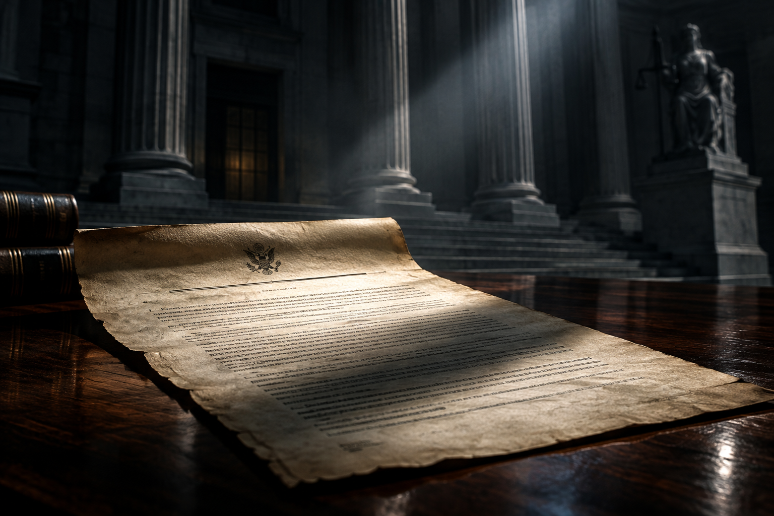 A somber editorial illustration of a heavy legal document resting on a dark wooden surface, dramatically lit against a blurred, imposing courthouse background.