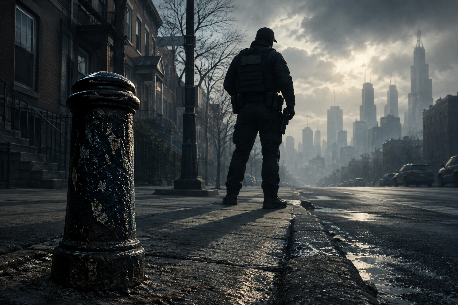Conceptual illustration of urban tension with a federal enforcement figure silhouetted against a hazy city backdrop.