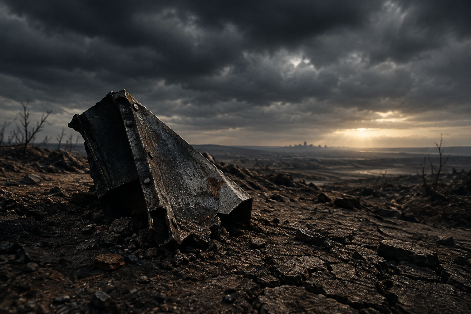 A somber editorial illustration of a heavy piece of metal debris resting on cracked earth under a heavy, overcast sky, symbolizing conflict and pressure.