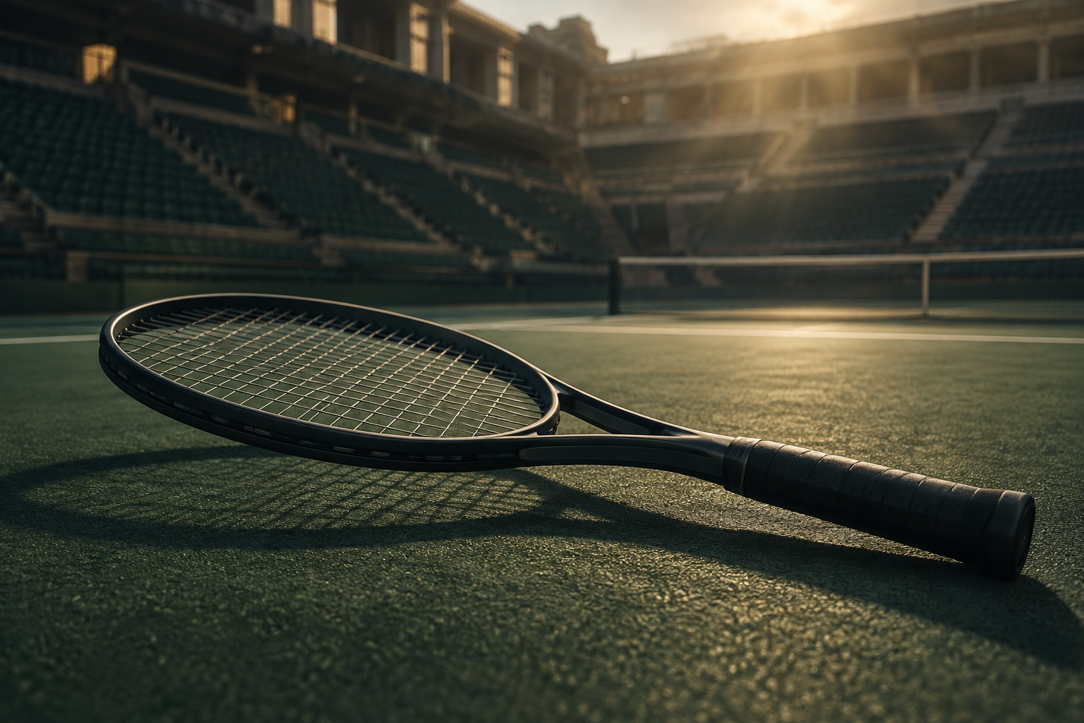 A professional editorial illustration of a single tennis racket resting on a textured court surface with a softly blurred, grand stadium setting in the background.