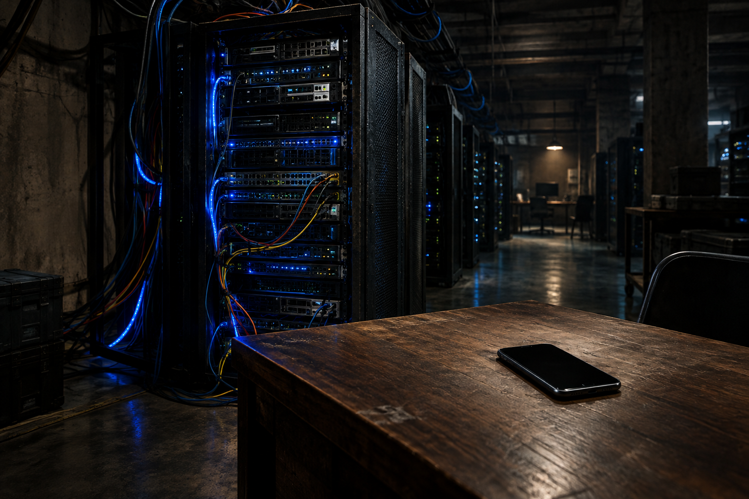 Conceptual illustration of a clandestine digital operation hub with glowing server racks and a single communication device on a dark desk.