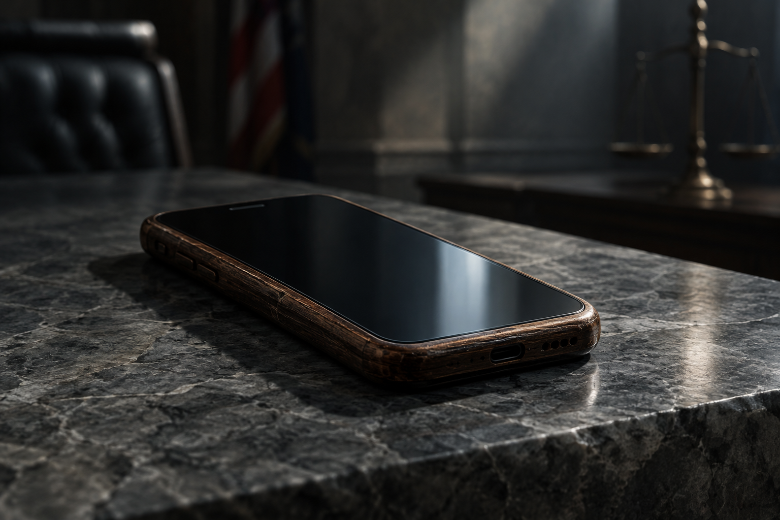 A dark smartphone rests on a textured stone surface under dramatic, focused lighting, symbolizing legal scrutiny.