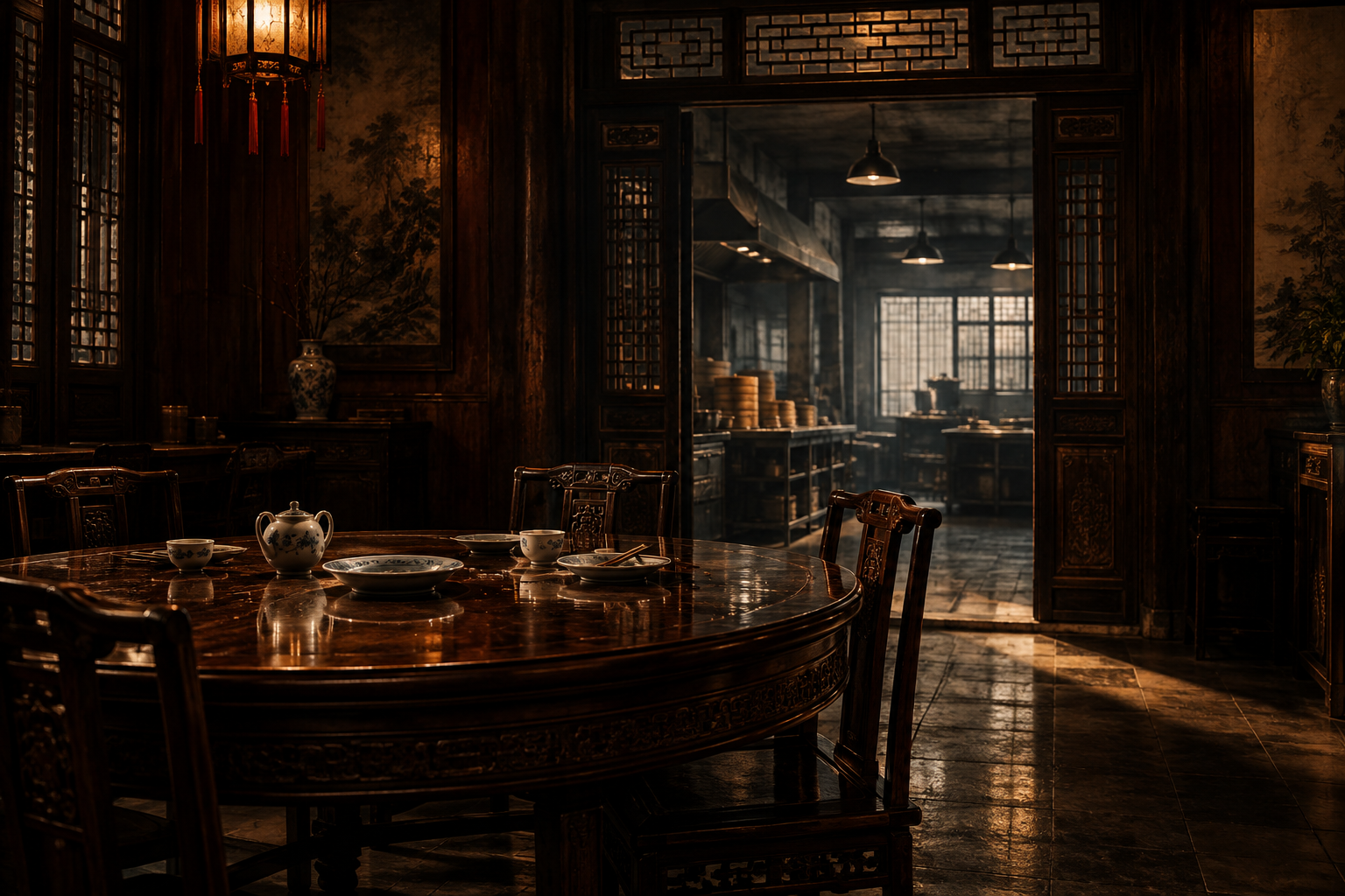 An editorial illustration of a quiet, dimly lit Cantonese restaurant interior with an empty dining table, conveying a sense of decline.