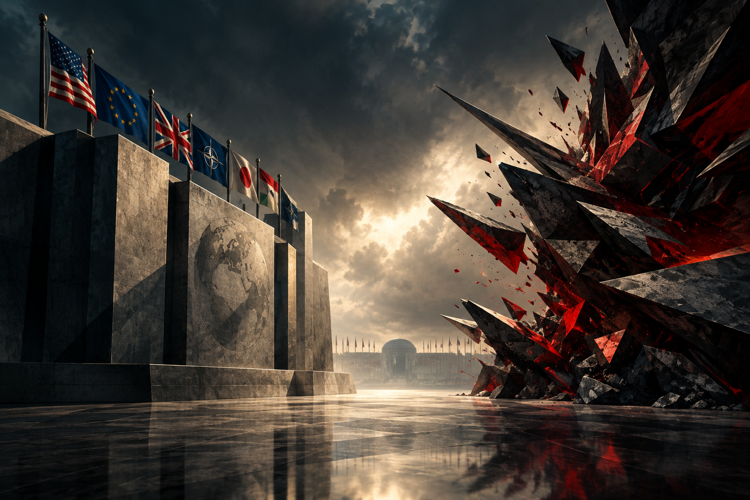 An abstract editorial illustration symbolizing diplomatic tension and international condemnation between two opposing geopolitical forces.
