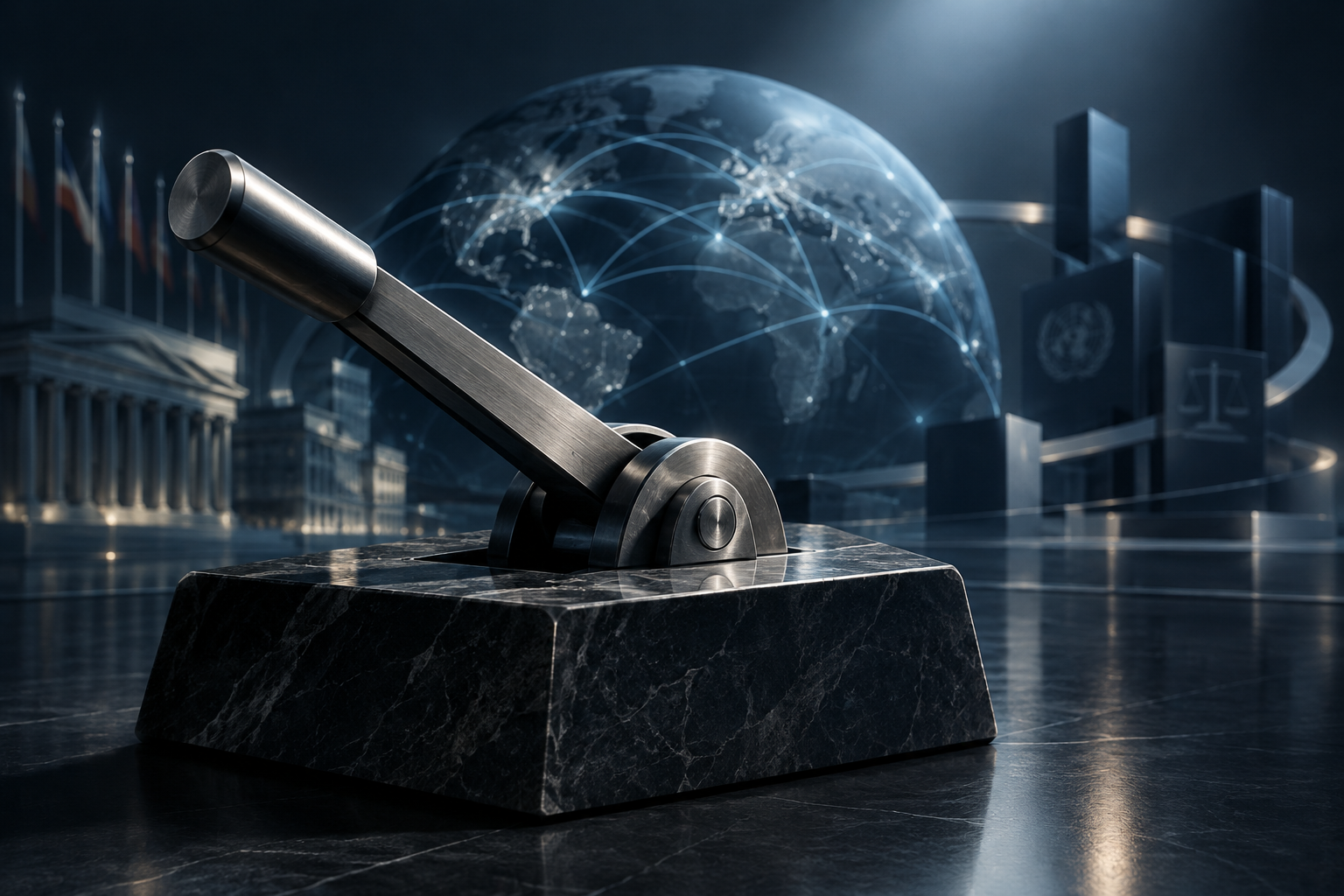 Conceptual illustration of a heavy metallic lever resting on a dark stone base within a sophisticated, dimly lit financial setting, symbolizing the review of international monetary access.