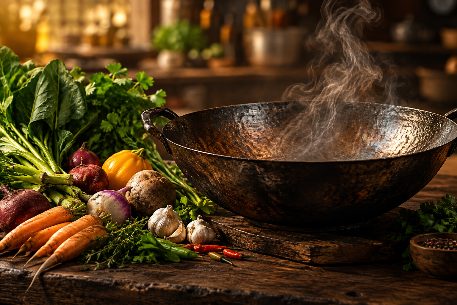 Editorial illustration of a seasoned wok surrounded by fresh ingredients, emphasizing culinary tradition and intense heat.
