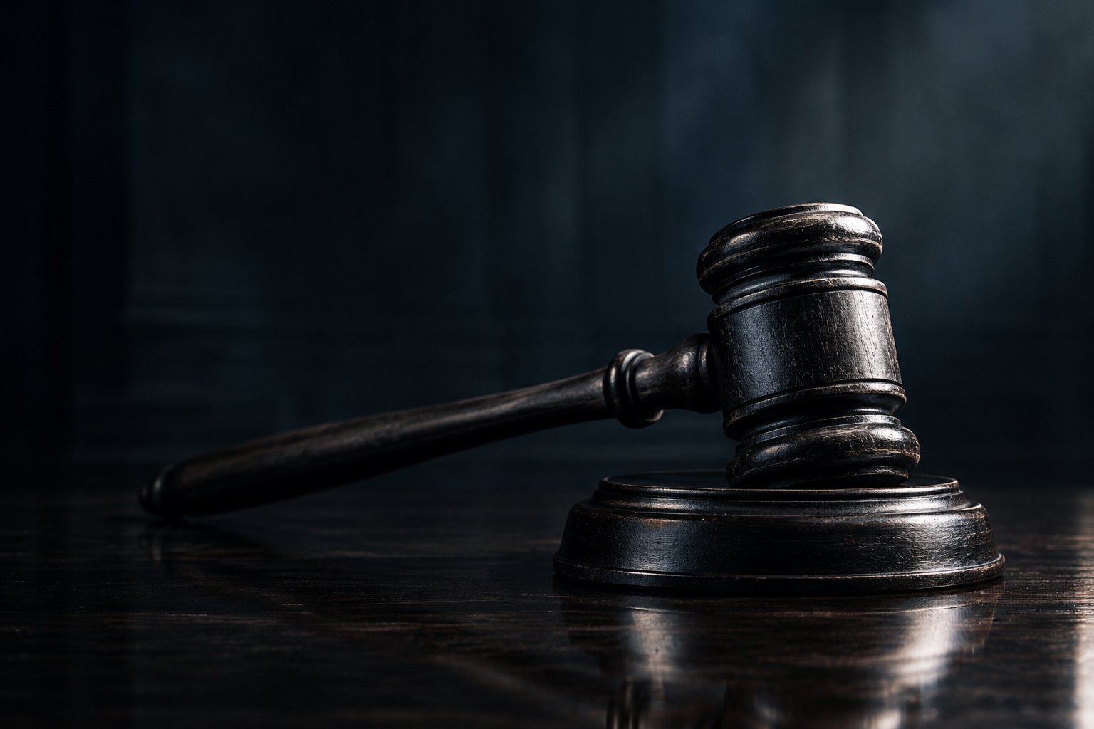 A heavy, dark wooden gavel rests on a reflective surface under dramatic, focused lighting, symbolizing a judicial sentence.
