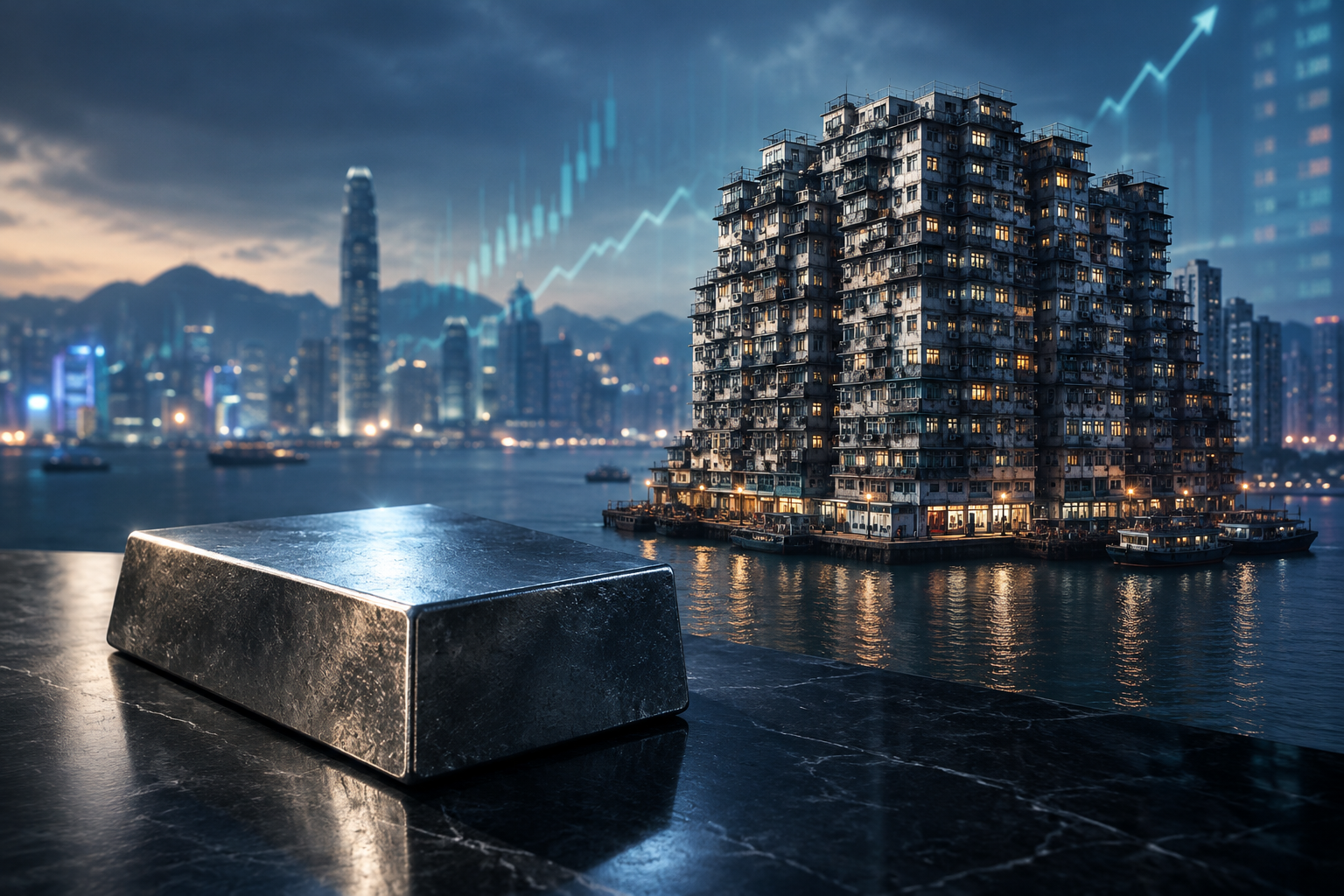 Editorial illustration depicting a dense urban structure juxtaposed with a weighty financial block under dramatic lighting, symbolizing market forces.