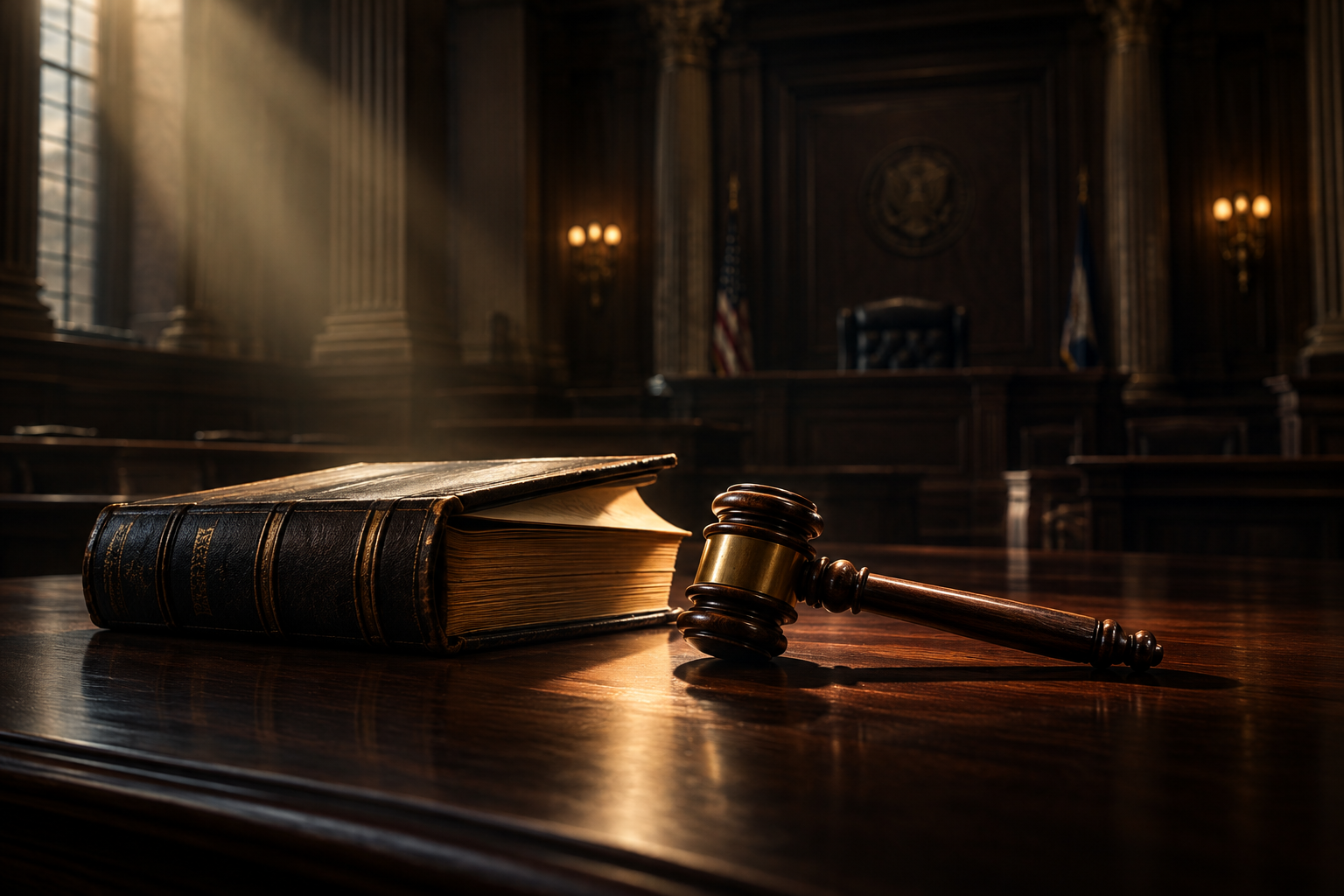 A conceptual illustration of a heavy law book and a resting gavel on a dark wood surface within a grand, dimly lit courtroom, symbolizing a delayed legal trial.