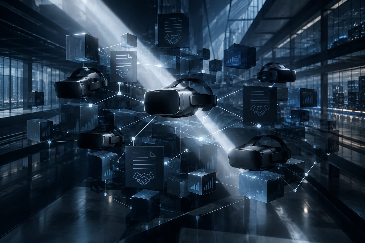 Abstract editorial illustration depicting the concept of bid-rigging and market manipulation in technology contracts through geometric forms and focused light.