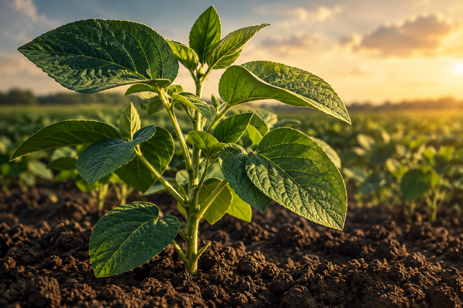 Editorial illustration of a resilient soybean plant in cultivated soil, symbolizing agricultural research and food security.