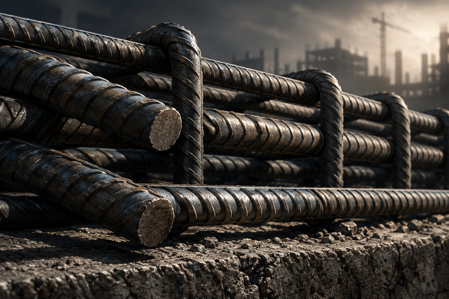 A close-up illustration of interwoven steel rebar resting on a rough concrete surface, emphasizing structural detail and material texture.