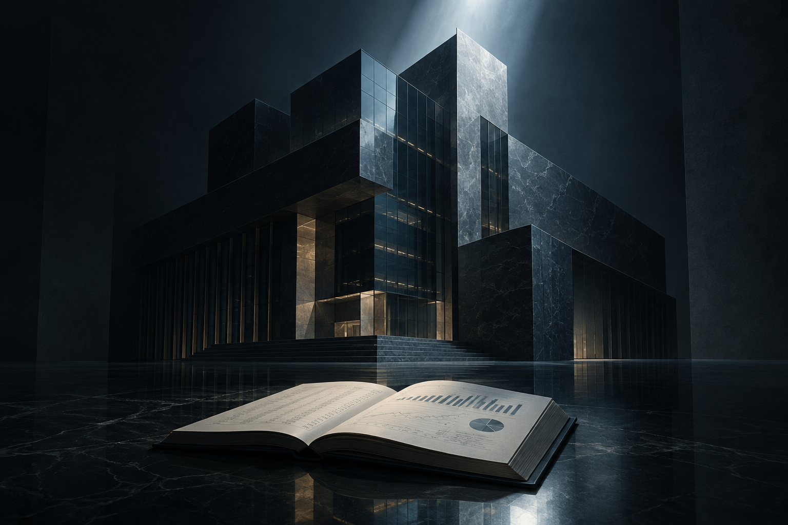 Abstract editorial illustration of a large, geometric structure under focused light, symbolizing corporate ownership and financial review.