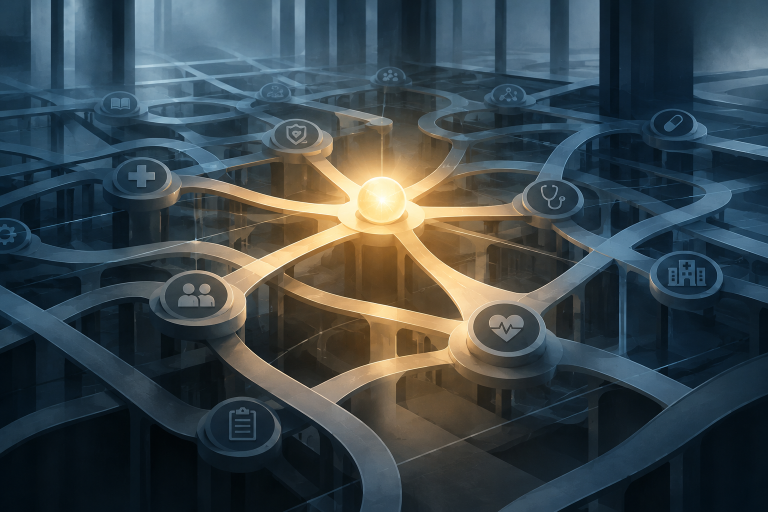 An abstract editorial illustration depicting a complex healthcare network being illuminated by a central point of experience, symbolizing a systemic review.