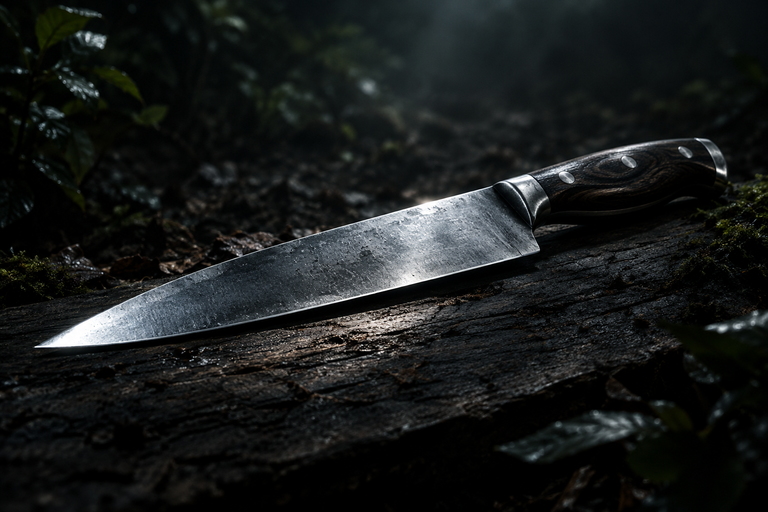 A sharp kitchen knife rests on dark wood, dramatically lit against a blurred, shadowed natural background.