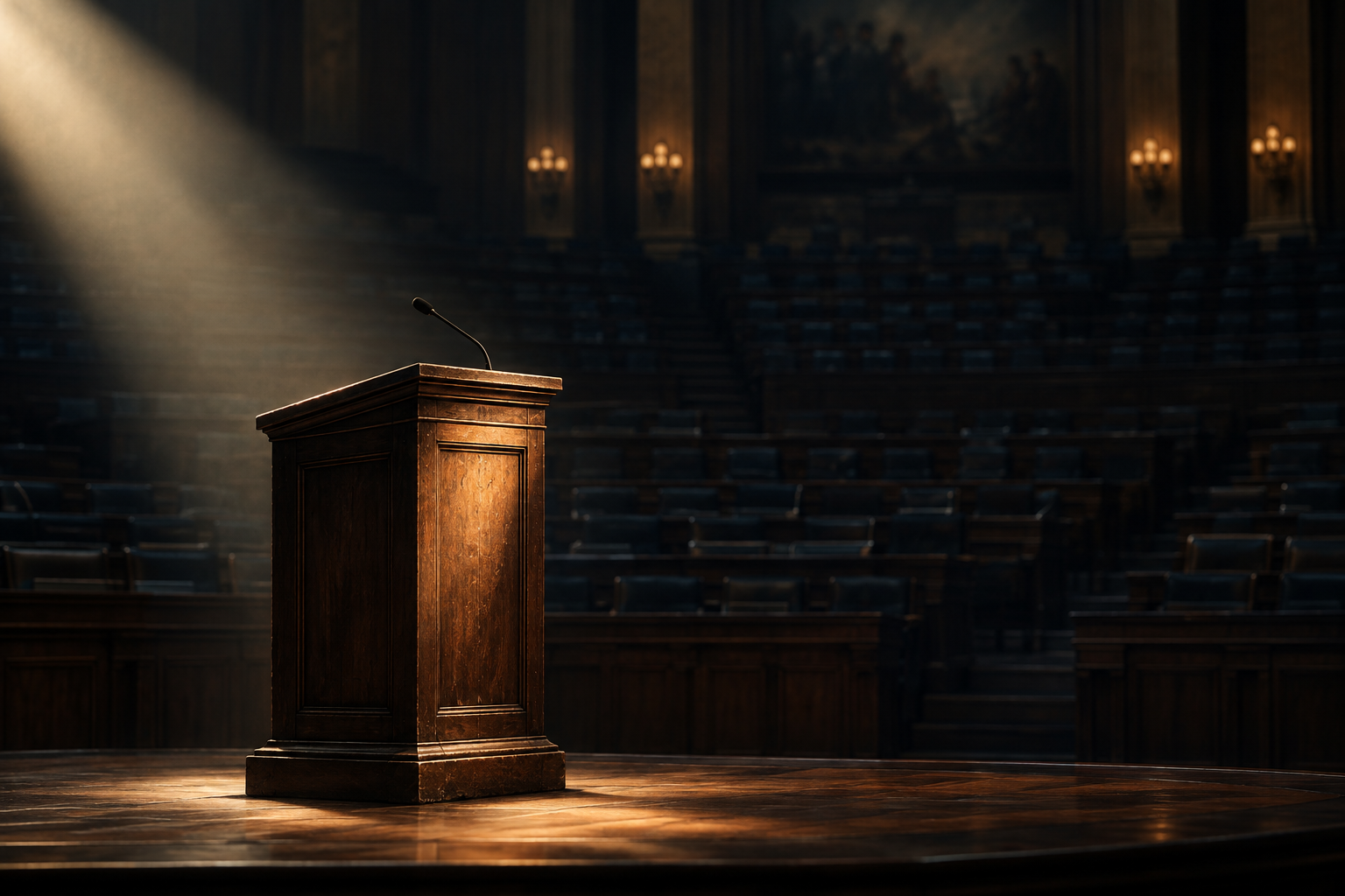 A solitary wooden podium illuminated by a single beam of light in a vast, empty assembly hall.
