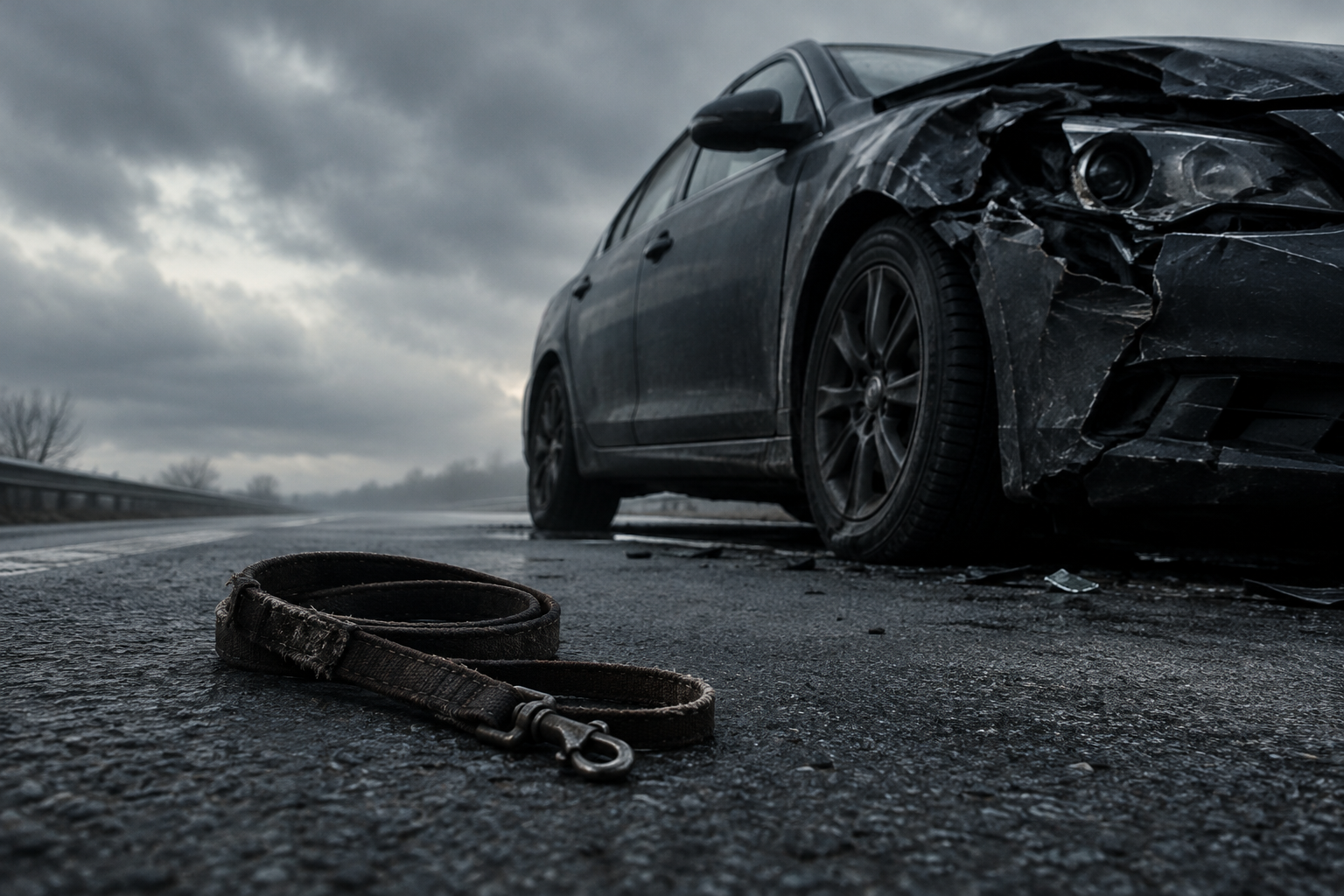 A somber, conceptual illustration of a vehicle and a discarded leash on an asphalt road under an overcast sky, emphasizing the gravity of a traffic incident.