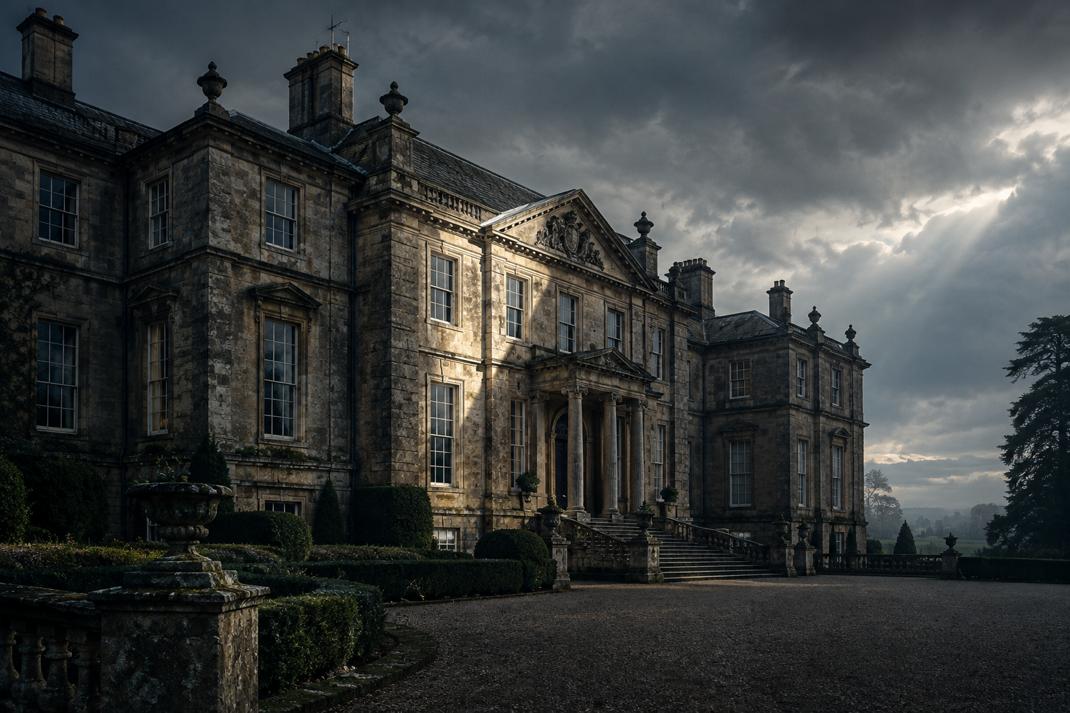 A wide, sophisticated editorial illustration of a grand, historic manor facade under dramatic lighting, suggesting a significant financial settlement.