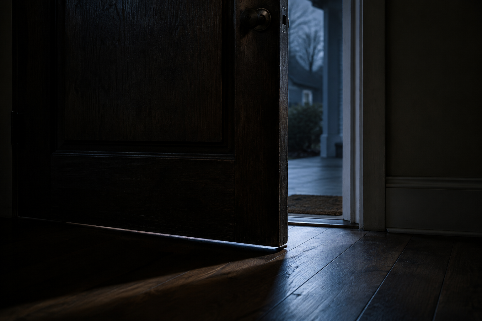 A dramatic, low-angle view of a dark wooden door standing slightly ajar in a dimly lit home, emphasizing a sense of recent intrusion and tension.