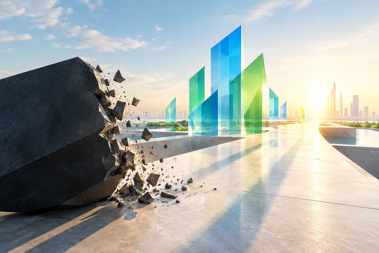 Conceptual illustration of a pathway leading to a bright horizon, with abstract forms of innovation breaking free from a dark, restrictive shape.