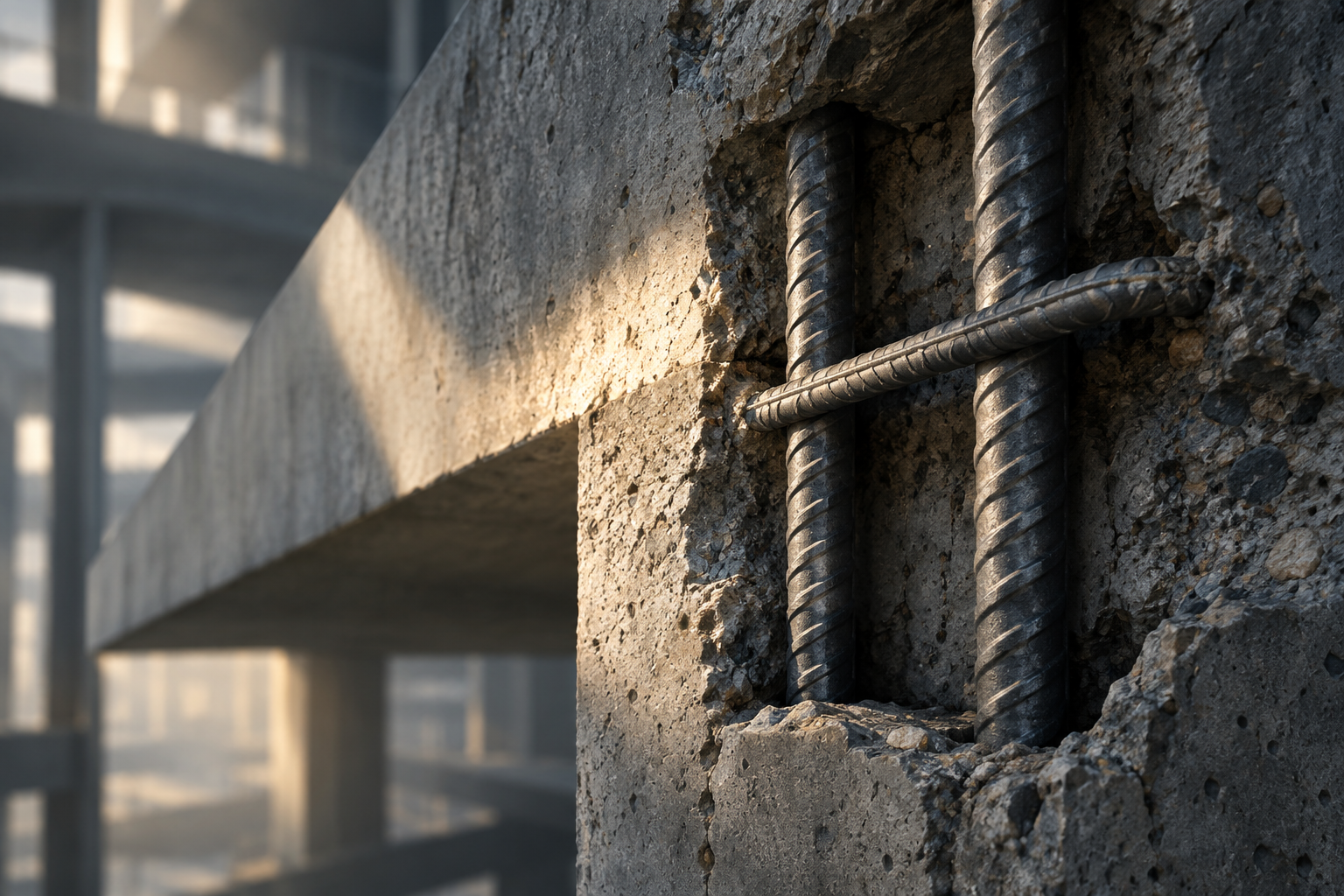 Editorial illustration of structural steel reinforcement within textured concrete, emphasizing material integrity under focused light.