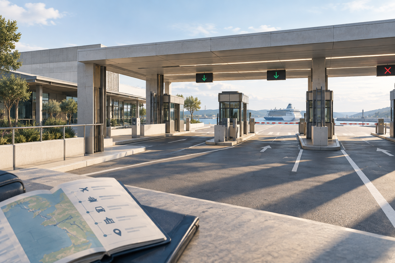 Editorial illustration of a modern, newly renovated port entrance structure under bright daylight, symbolizing a new travel attraction.