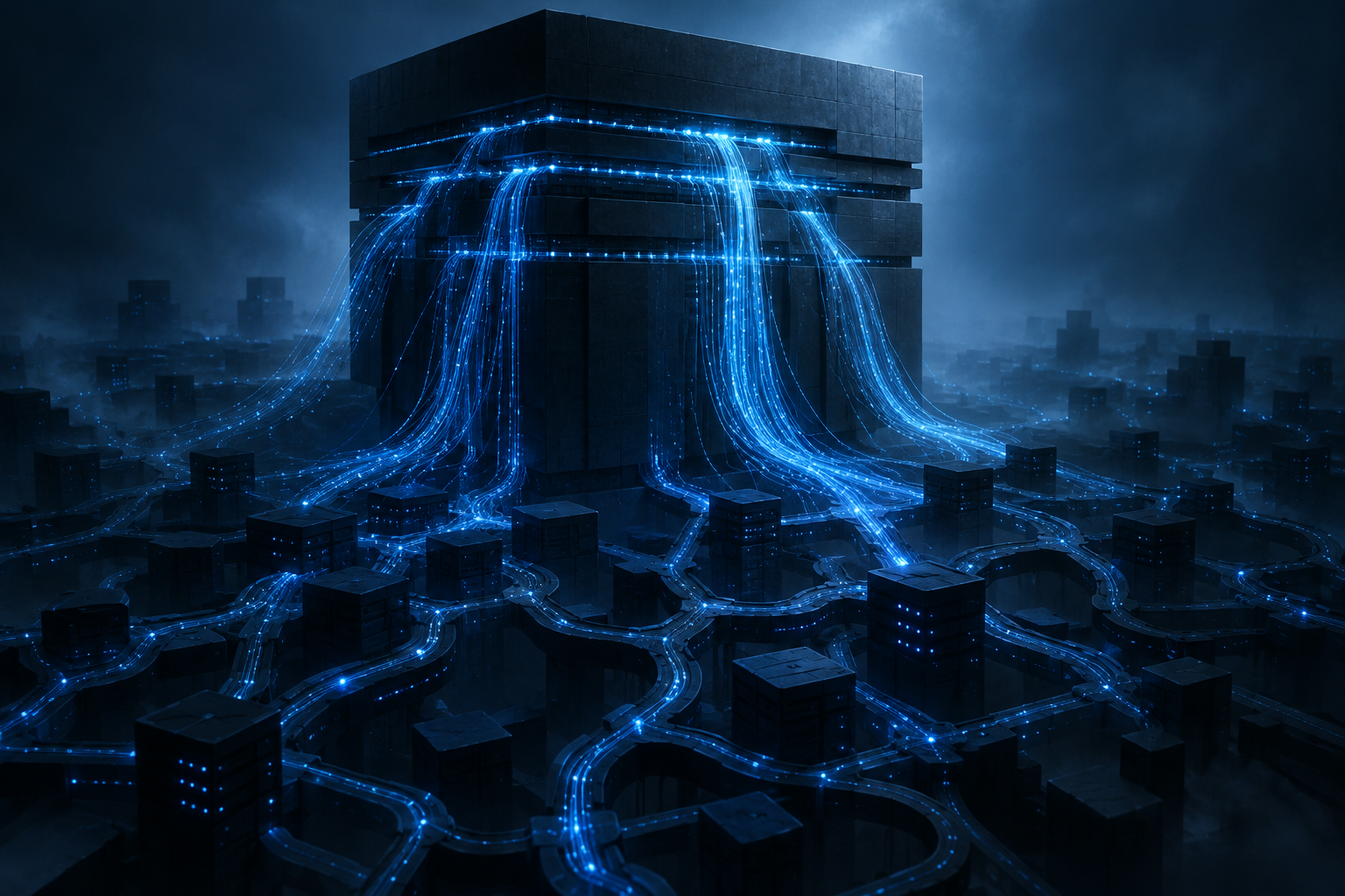 Conceptual illustration of data being extracted from a large, dark digital model into a shadowy network.