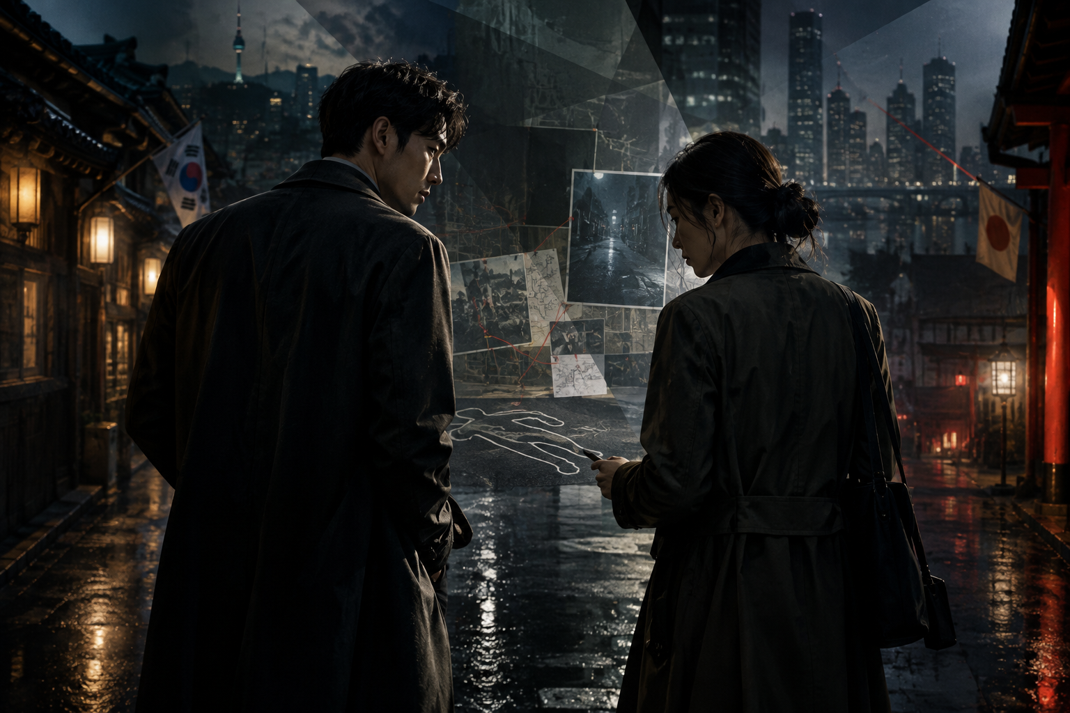 Editorial illustration of two detectives from Korea and Japan collaborating on a complex investigation in a moody, urban setting.