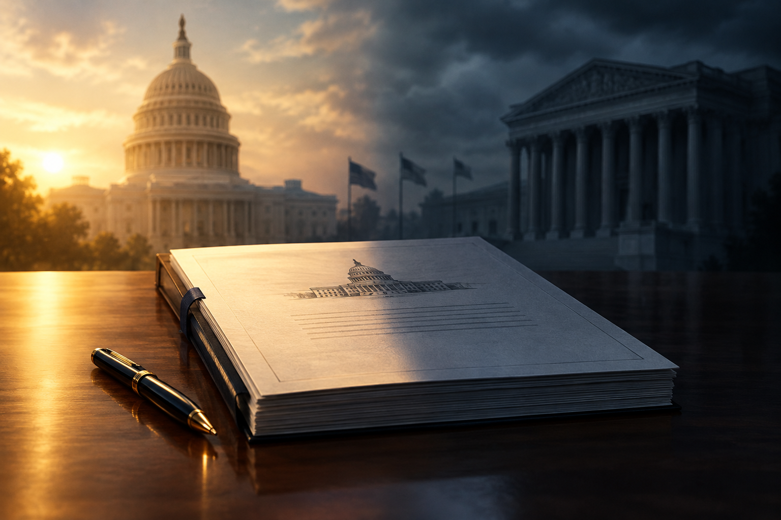 A conceptual illustration of a legislative document resting on a dark wooden surface, symbolizing a proposed pathway to residency amidst political uncertainty.