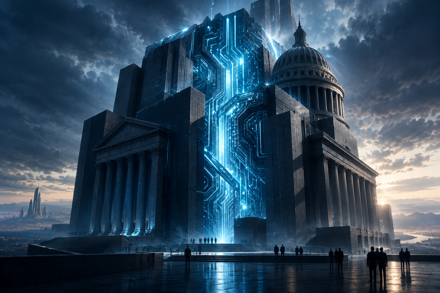Conceptual illustration showing the merging of advanced digital technology and imposing governmental structures.